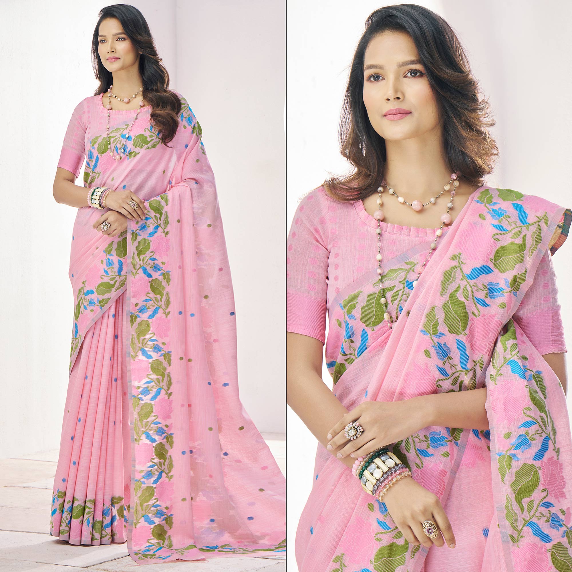 Pink Floral Woven Cotton Silk Saree