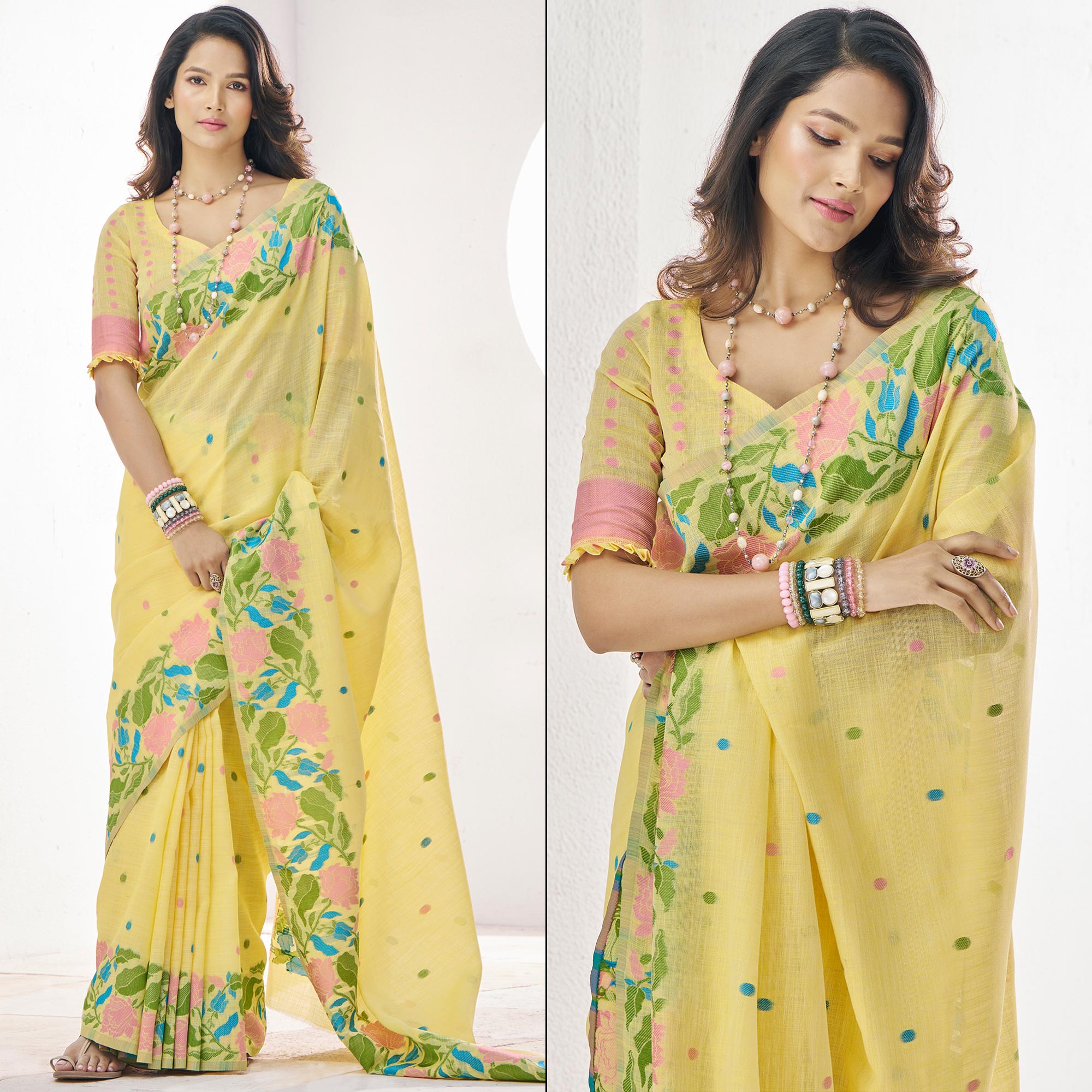 Yellow Floral Woven Cotton Silk Saree
