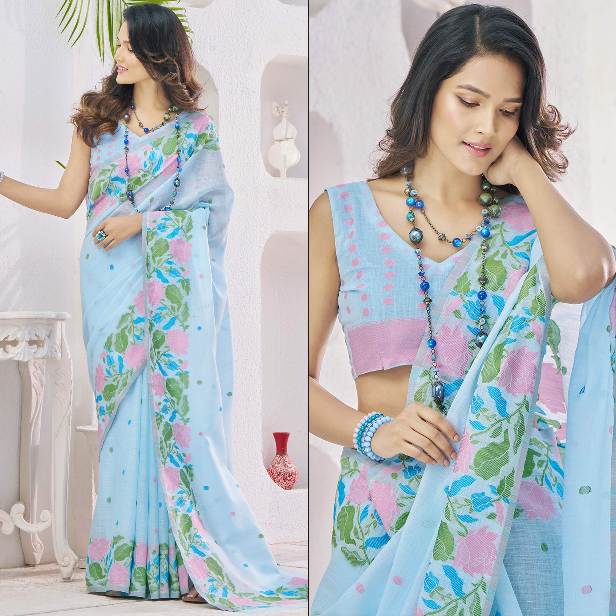 Blue Floral Woven Cotton Silk Saree