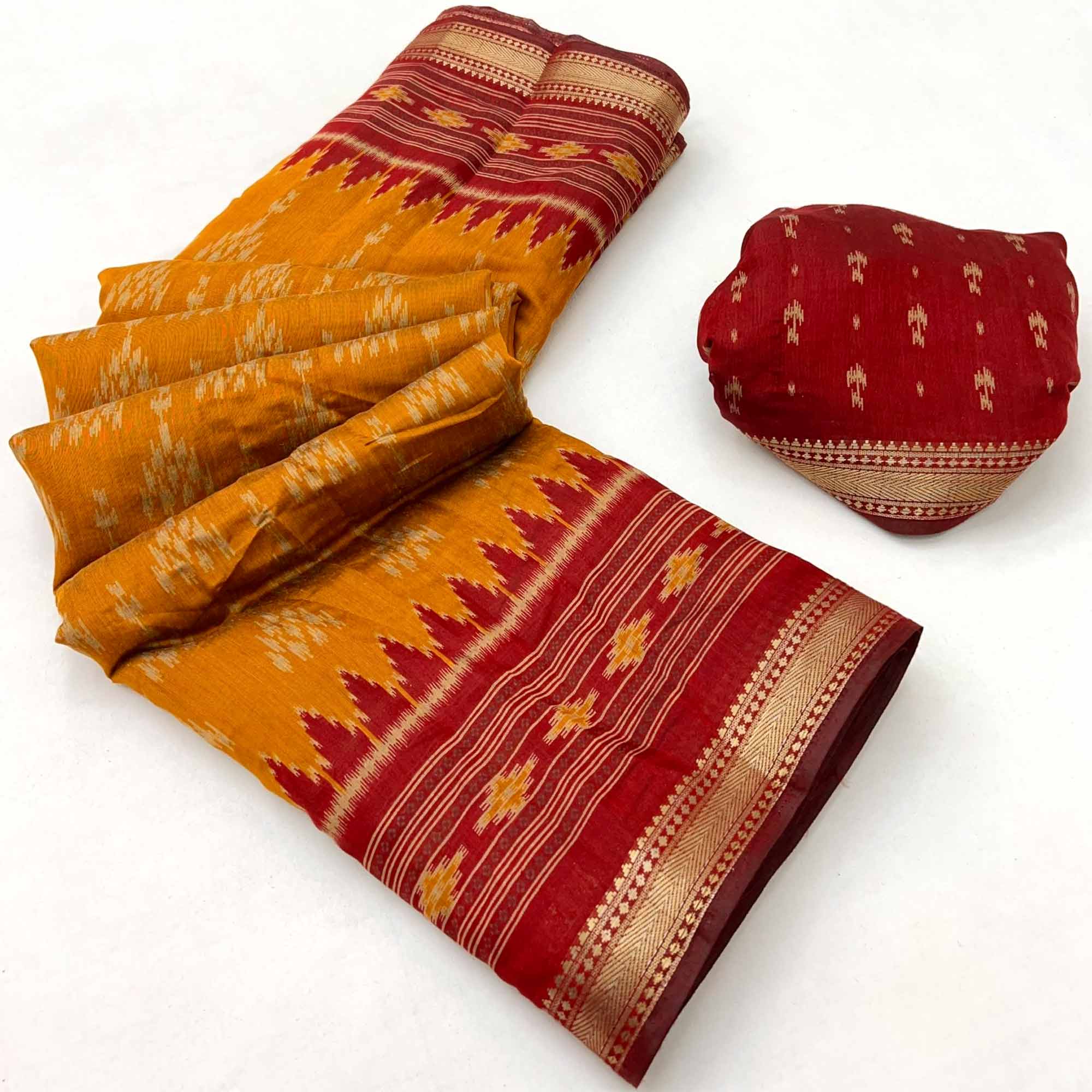 Soft Mulmul Cotton Saree in Mustard with Classic Patola Design
