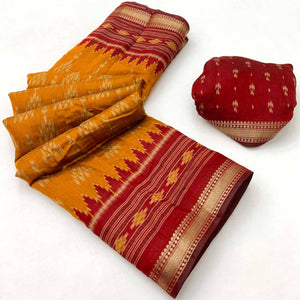 Soft Mulmul Cotton Saree in Mustard with Classic Patola Design