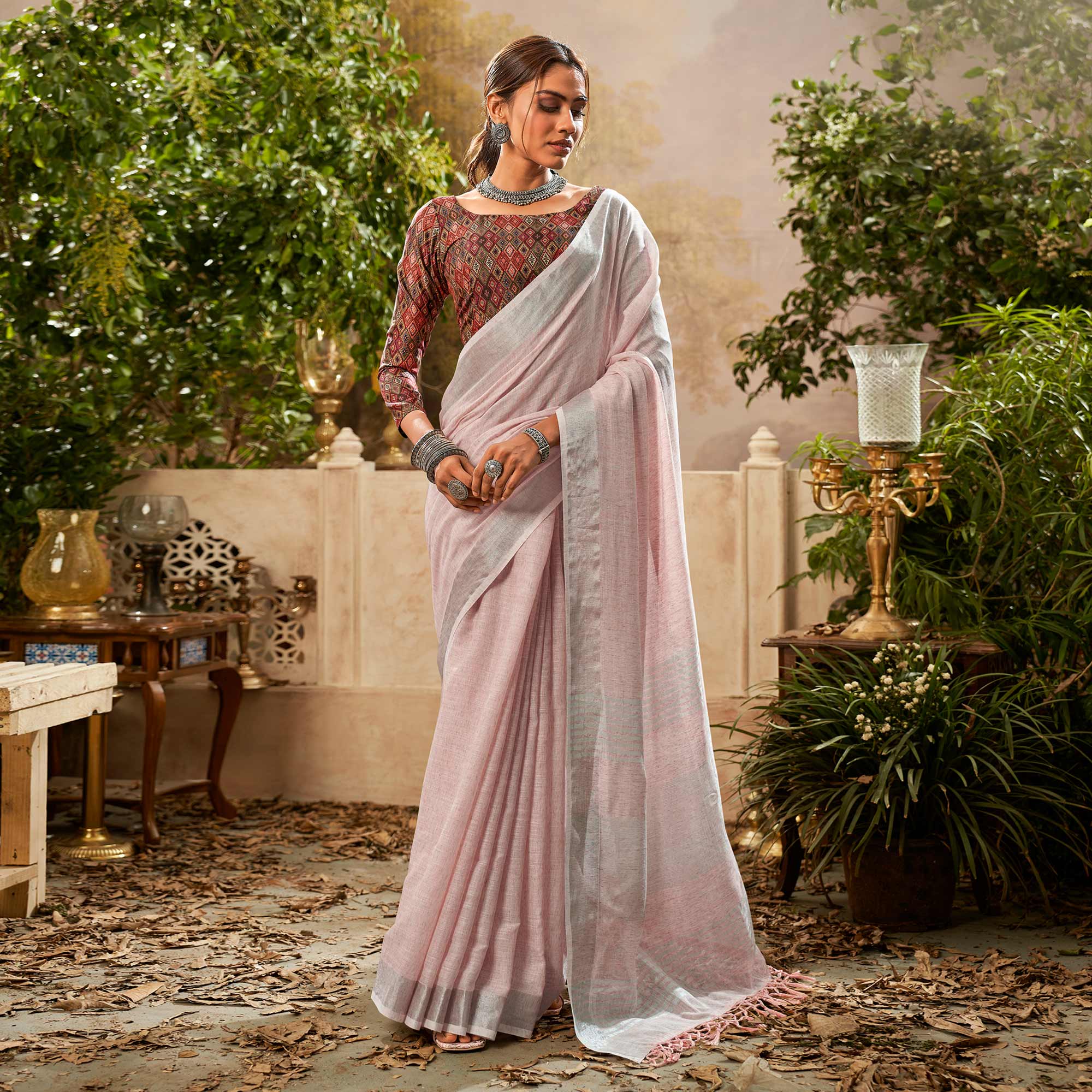 Peach Woven Pure Cotton Saree With Tassels