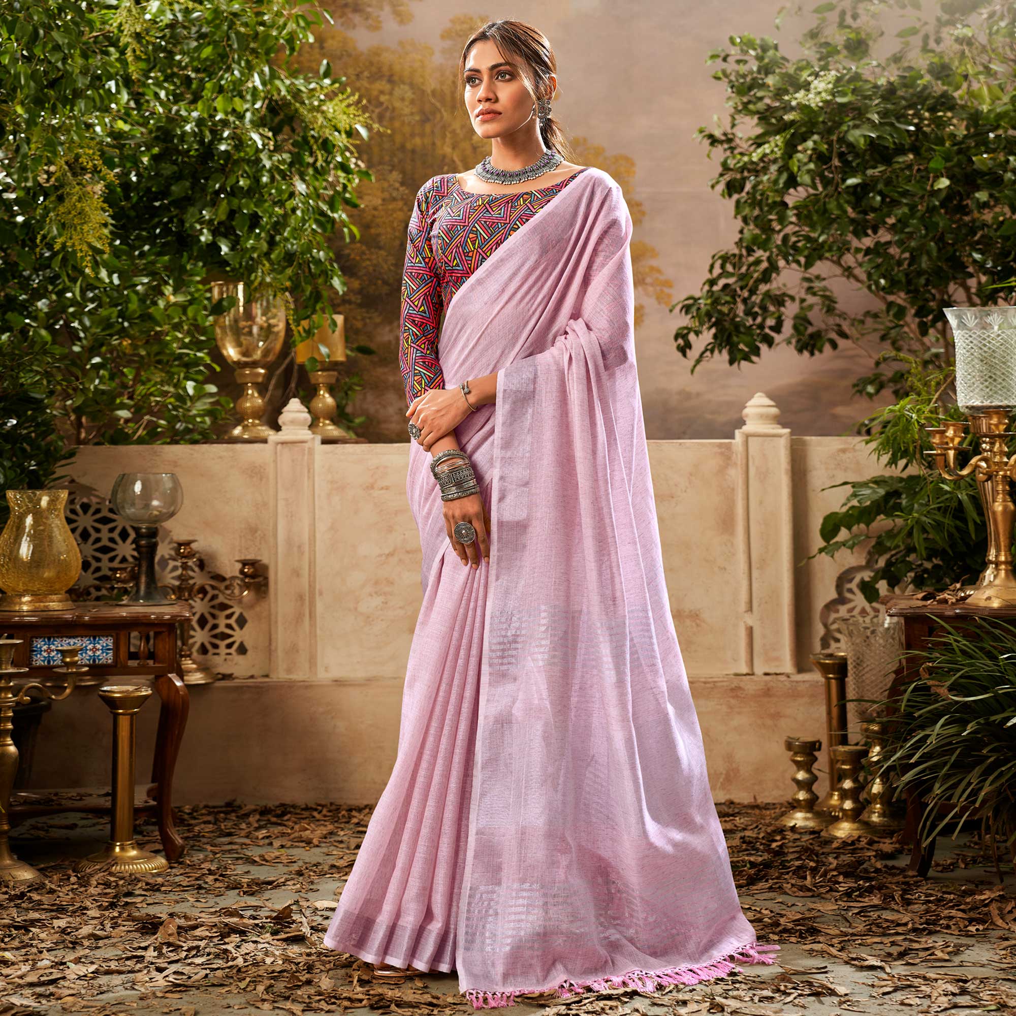 Pink Woven Pure Cotton Saree With Tassels