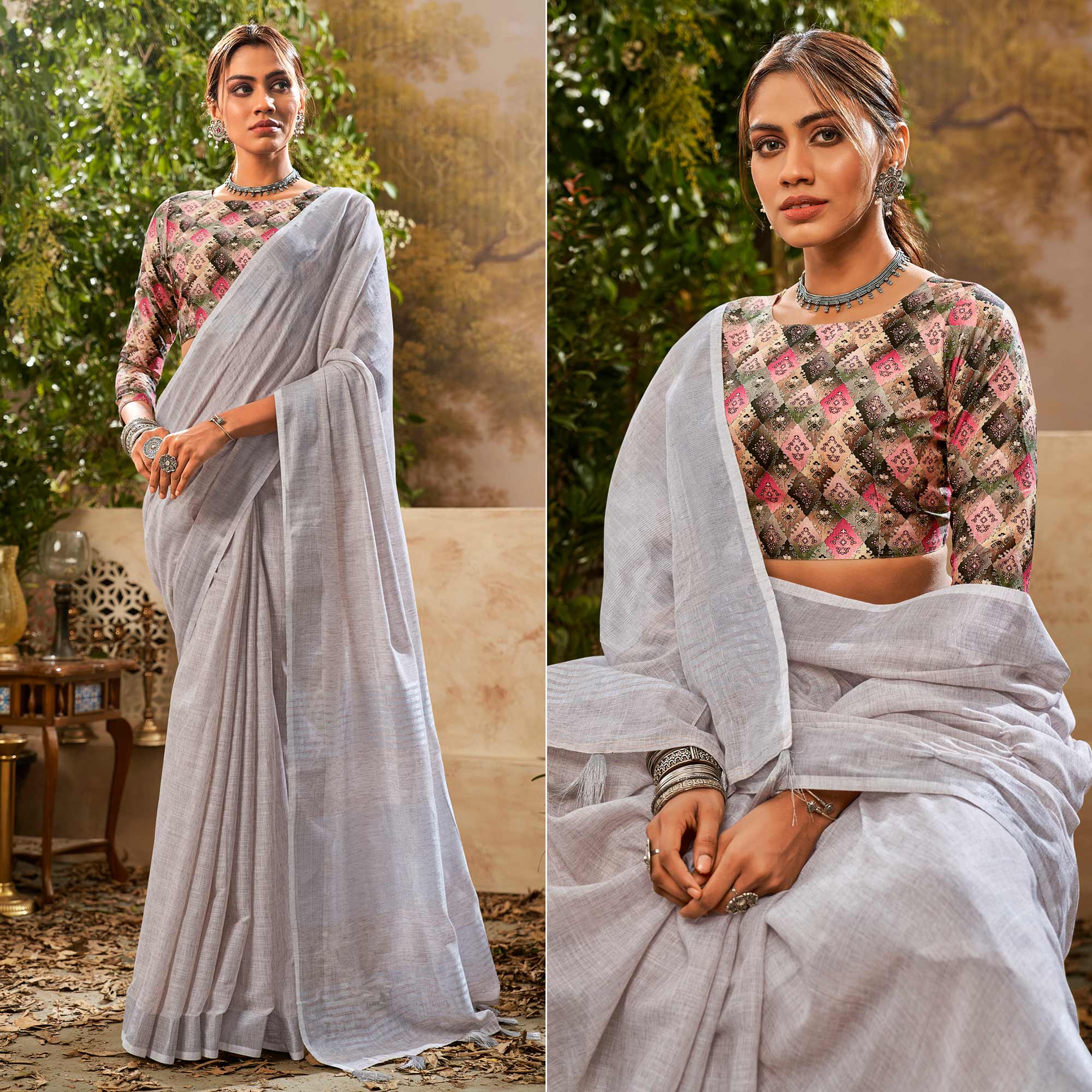 Grey Woven Pure Cotton Saree With Tassels
