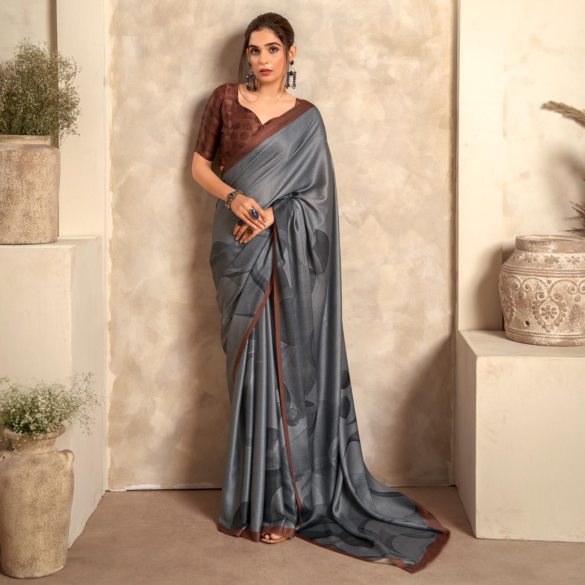 Grey Abstract Printed Satin Saree