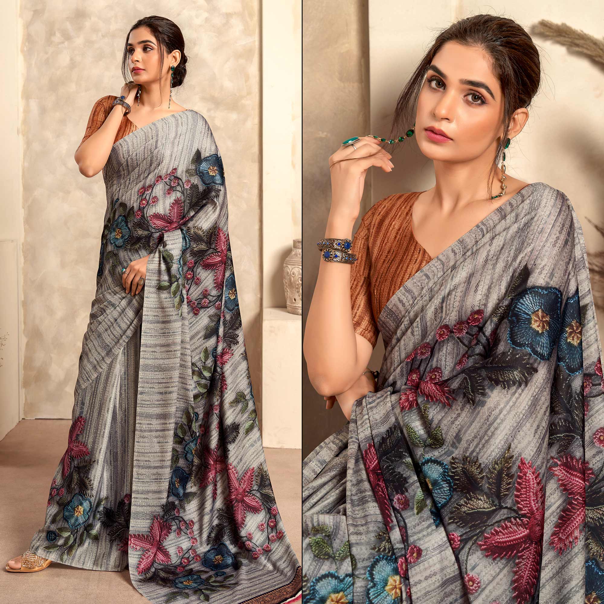 Grey Abstract Printed Satin Saree
