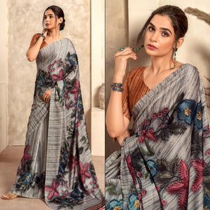 Grey Abstract Printed Satin Saree