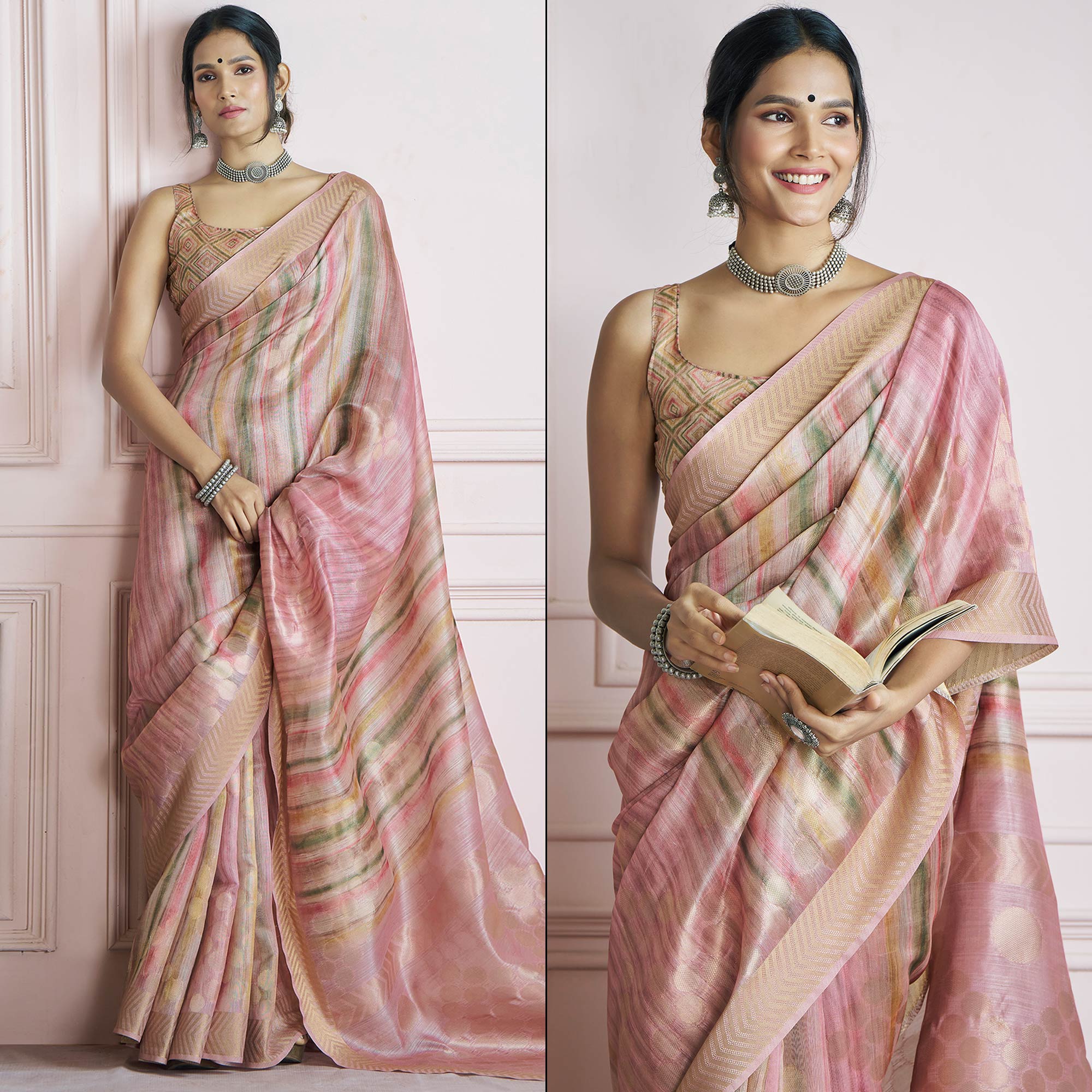 Pink Woven Cotton Silk Saree