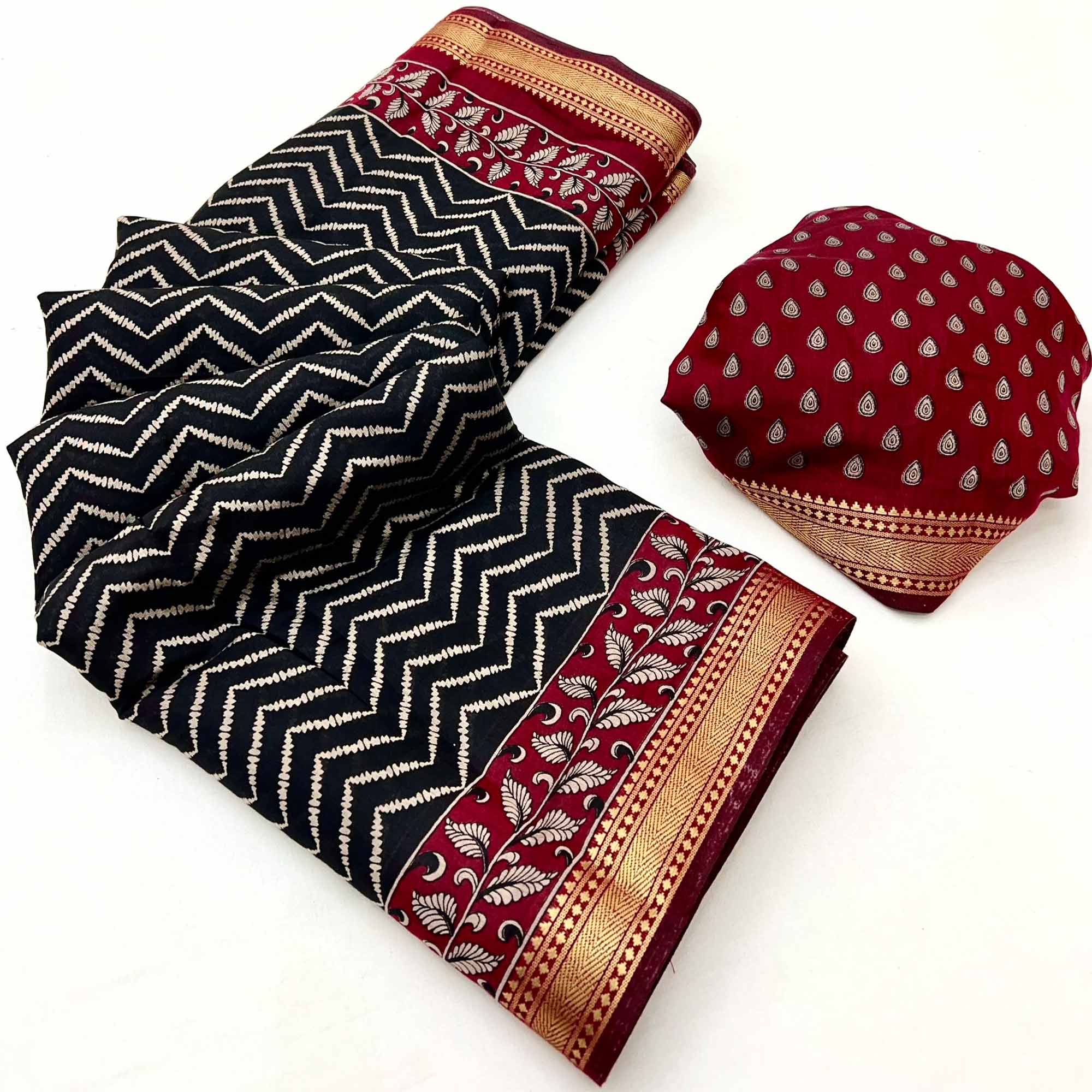 Black Mulmul Cotton Saree with Geometric Zig-Zag Design and Zari Trim