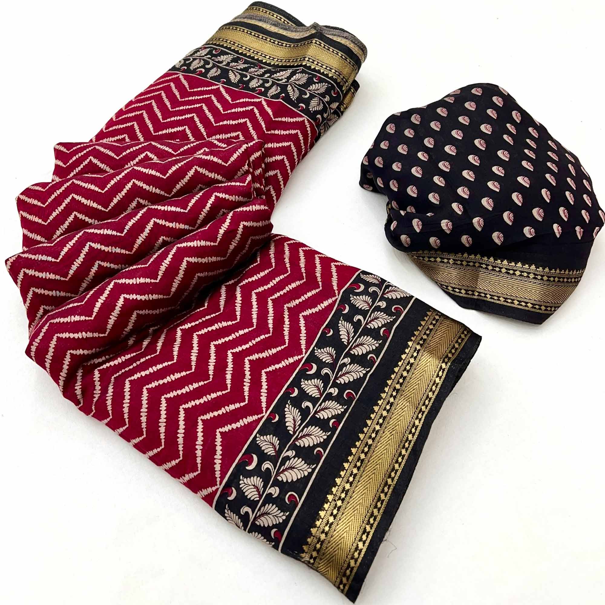 Maroon Mulmul Cotton Saree with Geometric Zig-Zag Design and Zari Trim