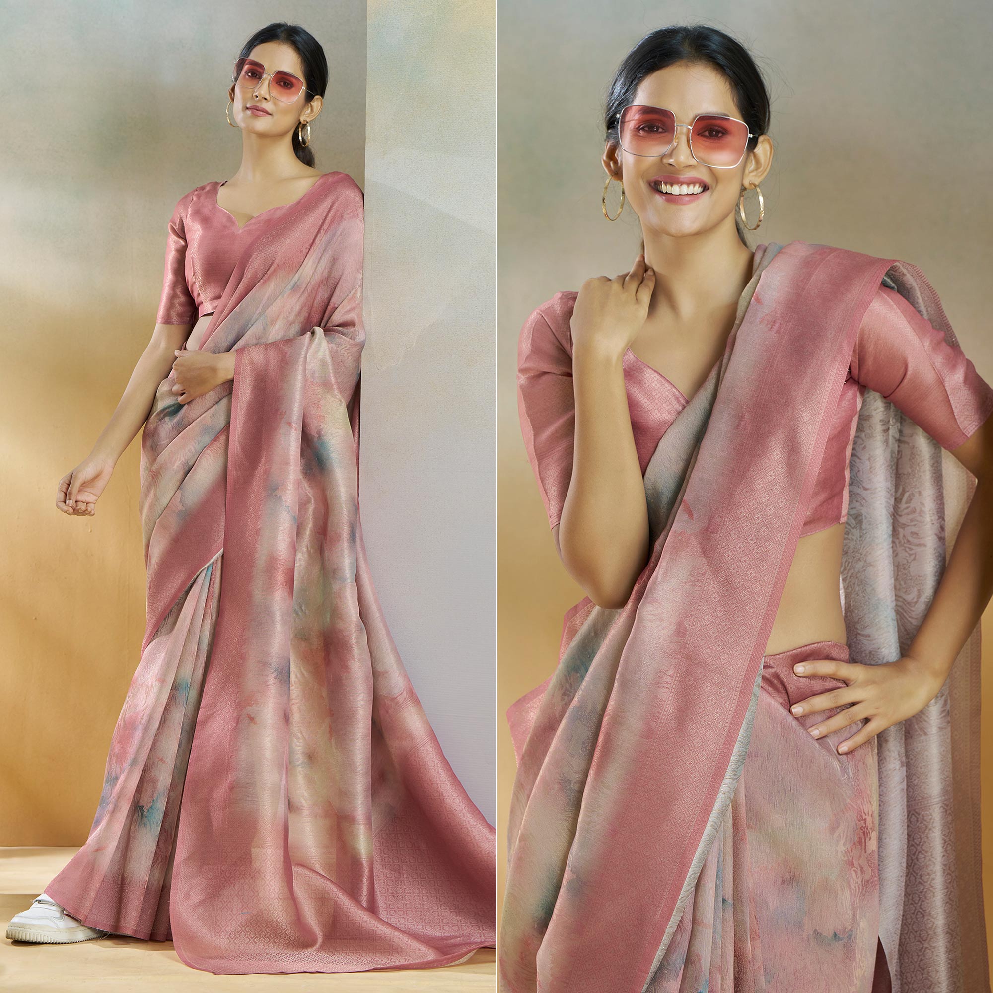 Pink Woven With Digital Printed Linen Saree