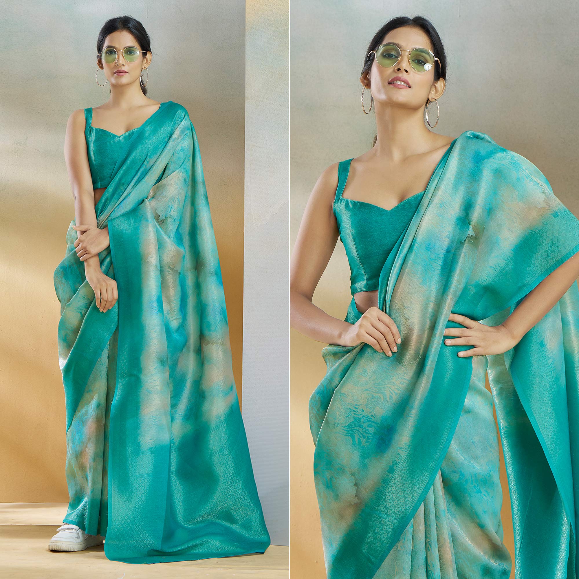 Turquoise Woven With Digital Printed Linen Saree
