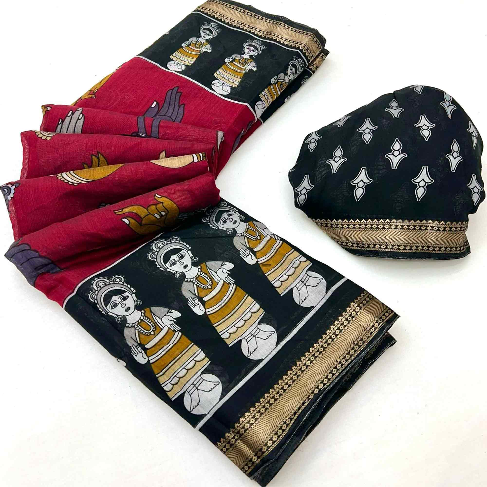 Maroon Folk Art Soft Mulmul Cotton Saree with Traditional Motifs