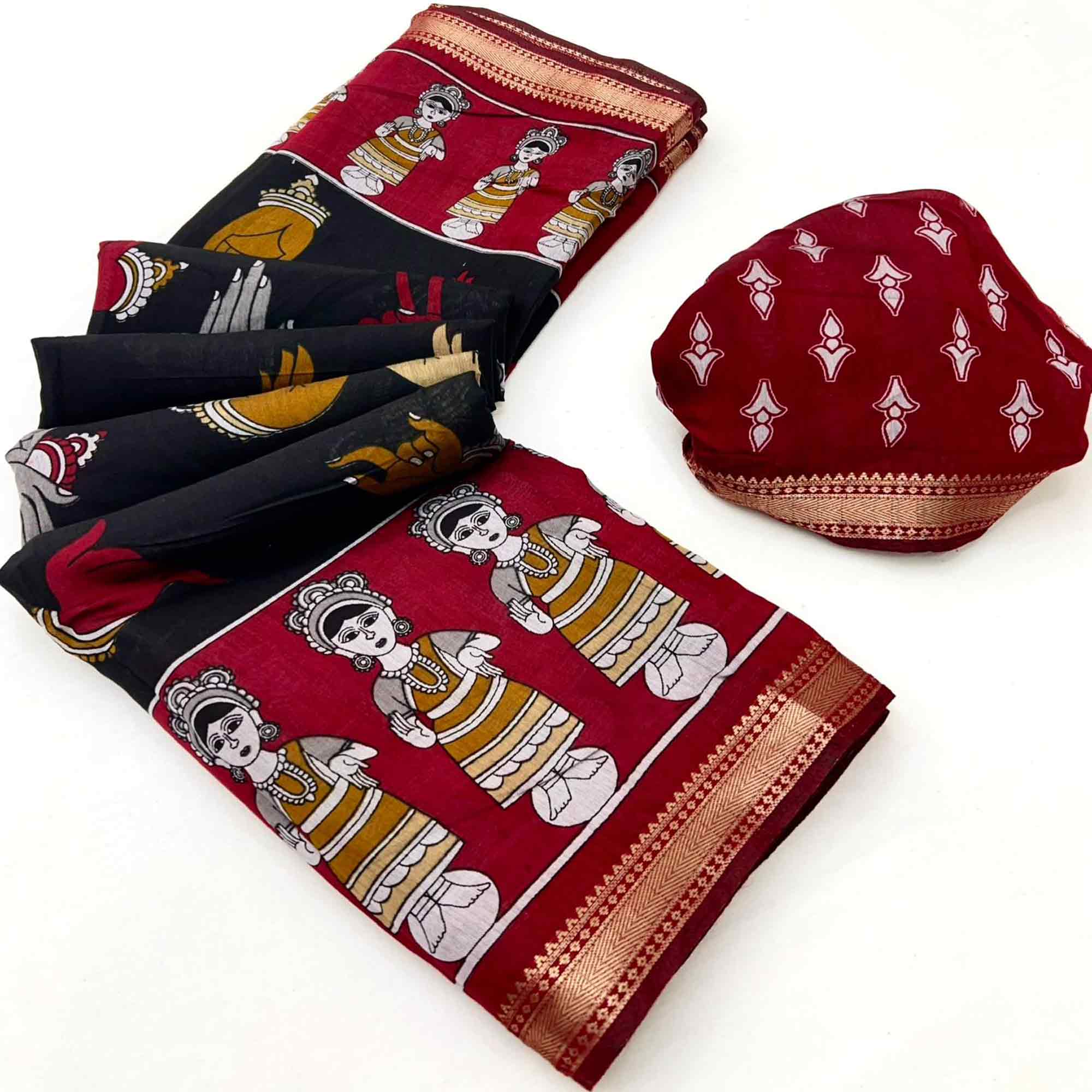 Black Folk Art Soft Mulmul Cotton Saree with Traditional Motifs