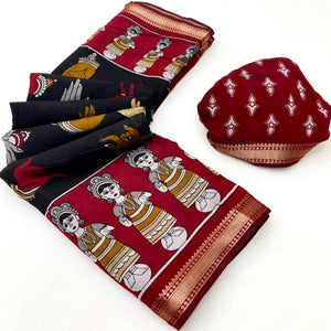 Black Folk Art Soft Mulmul Cotton Saree with Traditional Motifs