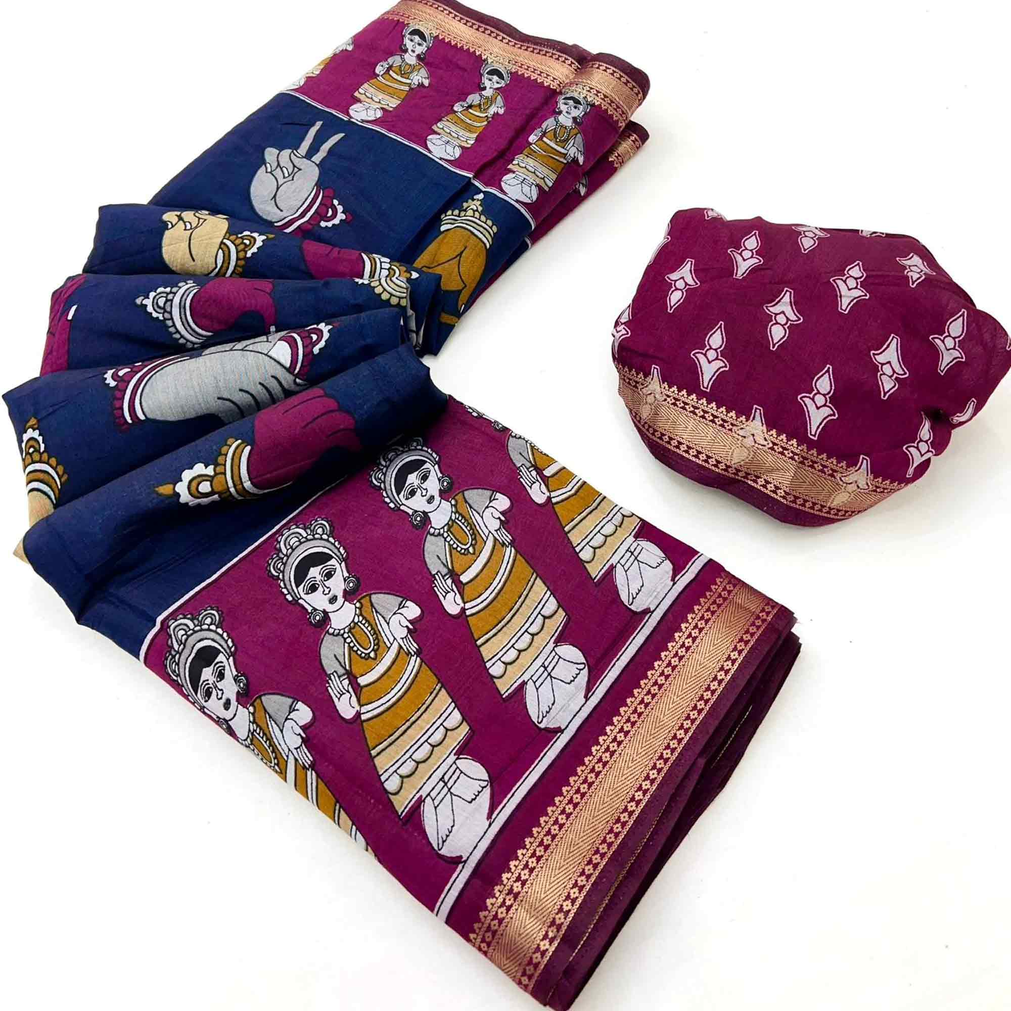 Blue Folk Art Soft Mulmul Cotton Saree with Traditional Motifs