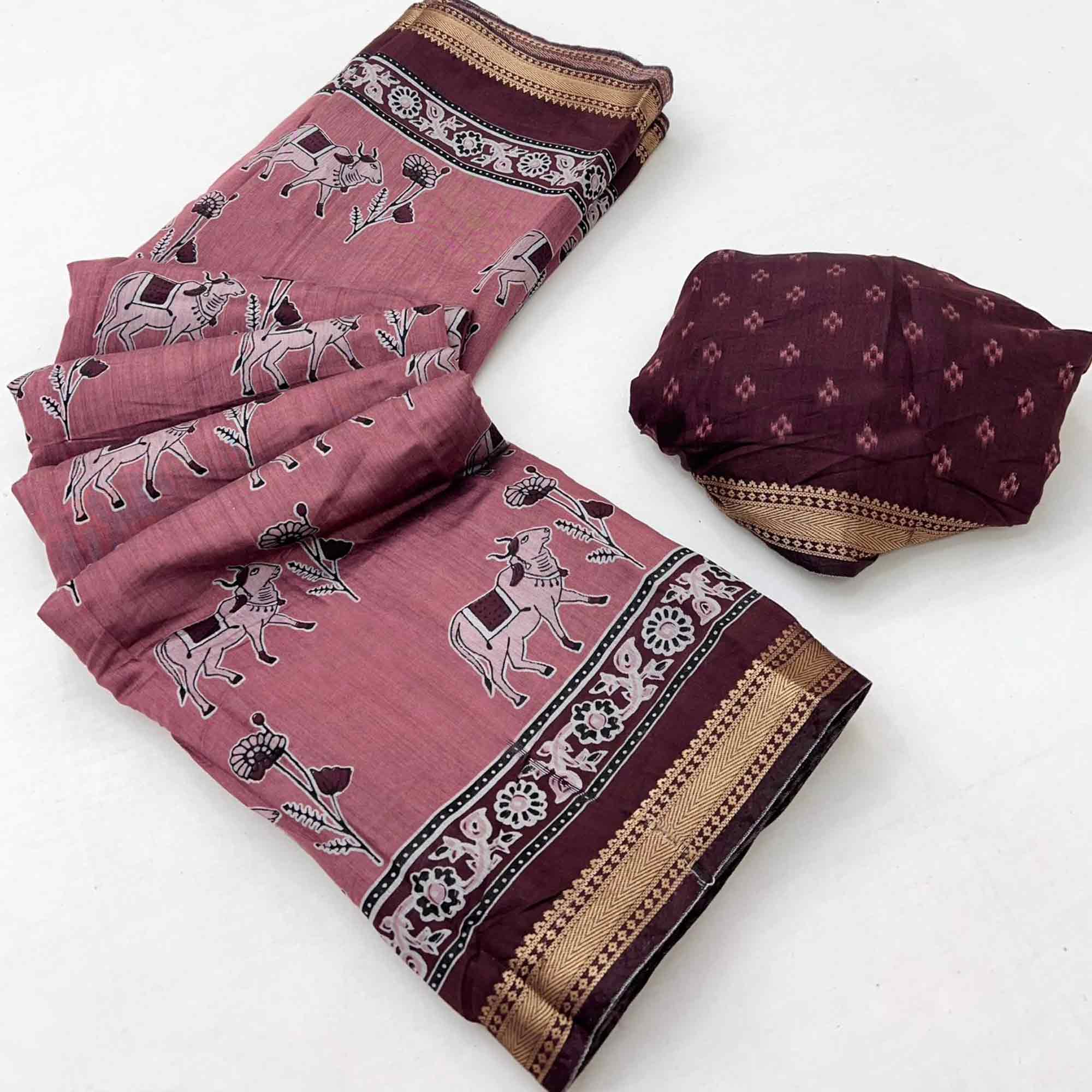 Mauve Rustic Handblock Folk Printed Mulmul Cotton Saree