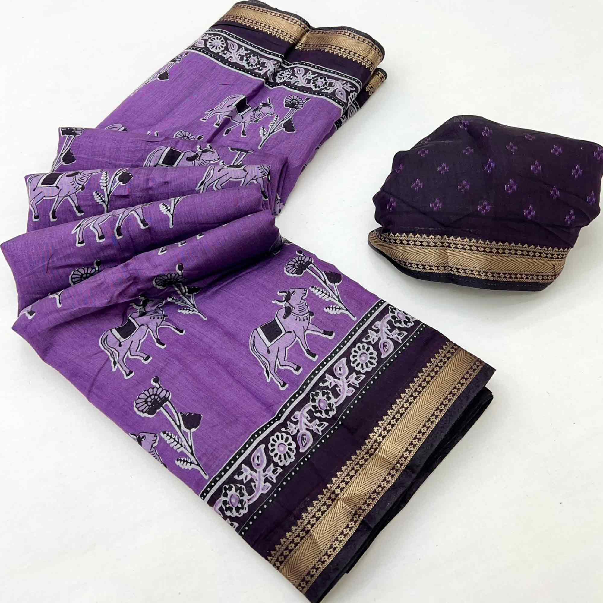 Lavender Rustic Handblock Folk Printed Mulmul Cotton Saree