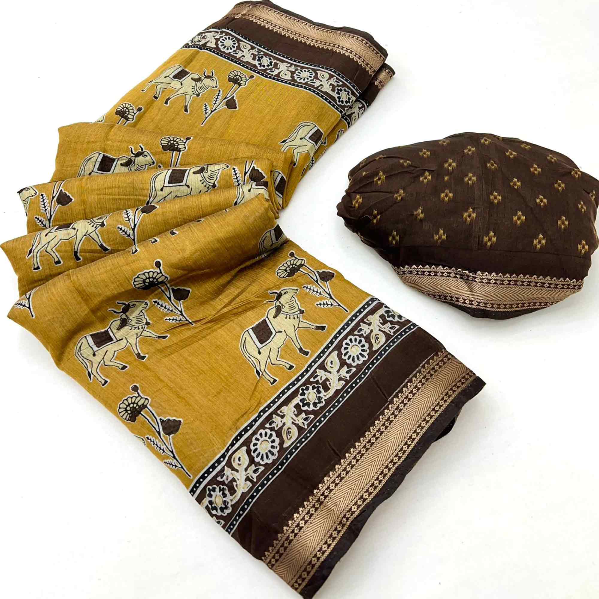 Mustard Rustic Handblock Folk Printed Mulmul Cotton Saree