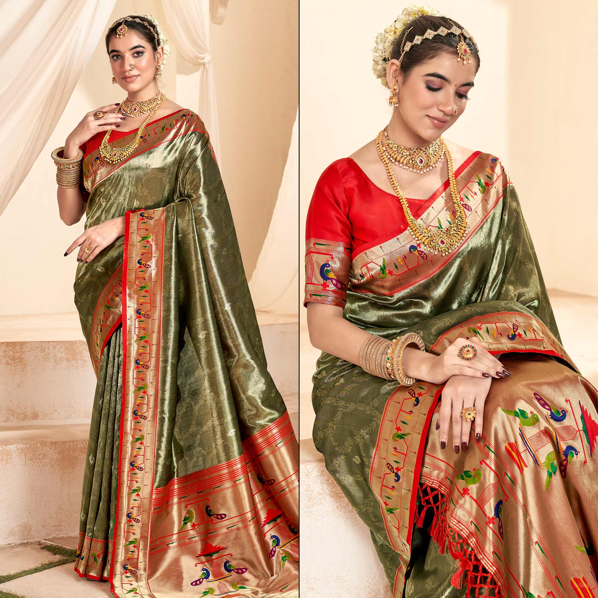 Olive Green Woven Tissue Paithani Saree With Tassels