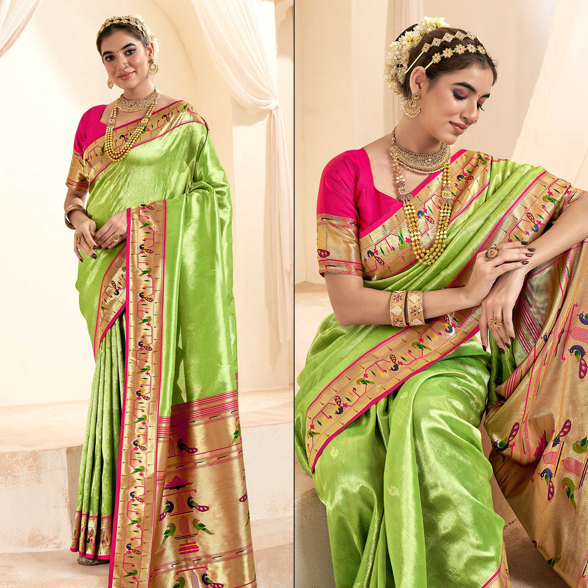 Parrot Green Woven Tissue Paithani Saree With Tassels