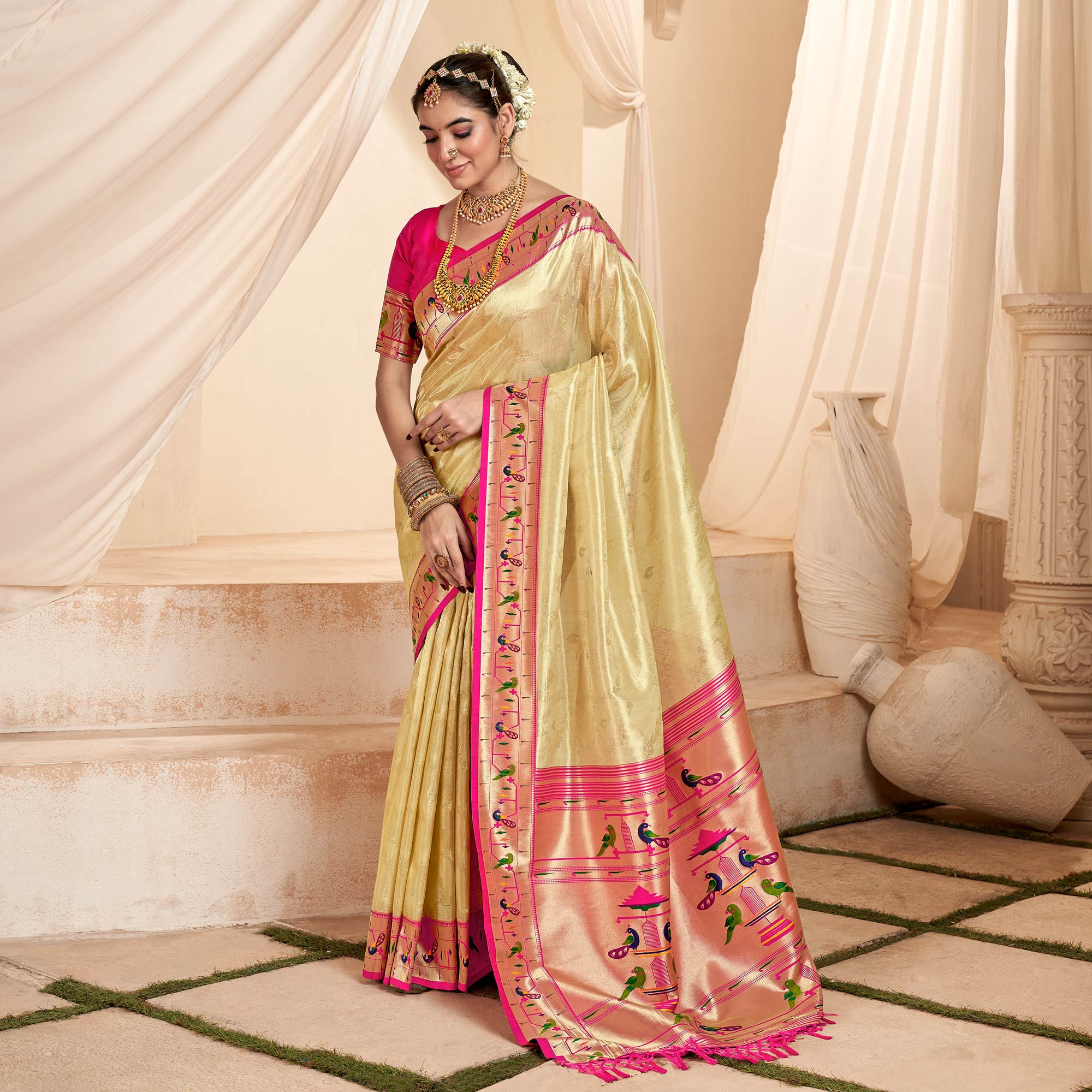 Beige Woven Tissue Paithani Saree With Tassels