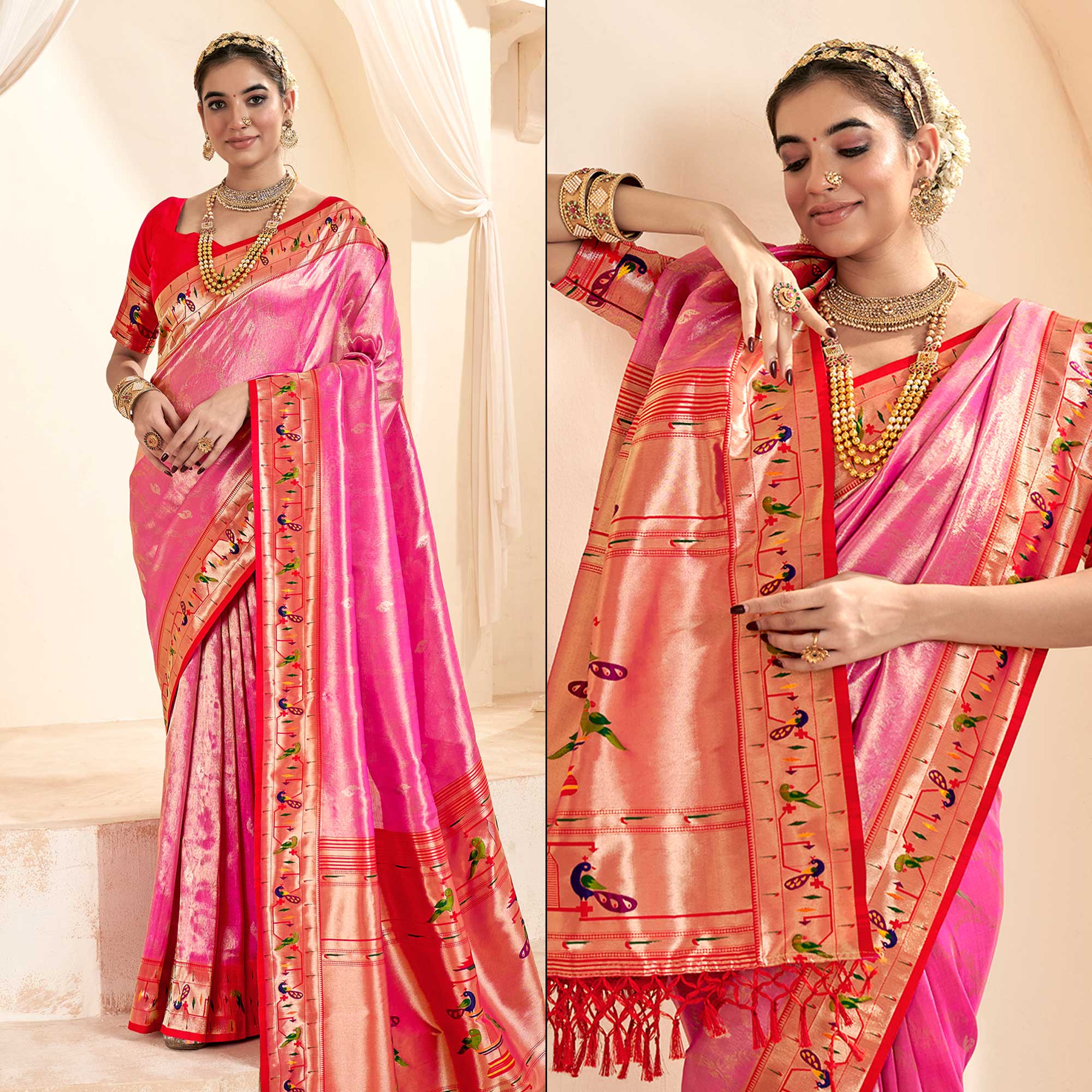 Pink Woven Tissue Paithani Saree With Tassels