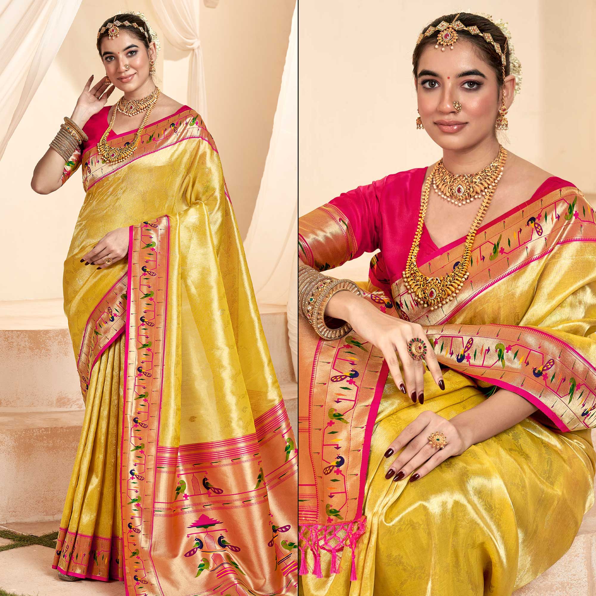 Yellow Woven Tissue Paithani Saree With Tassels