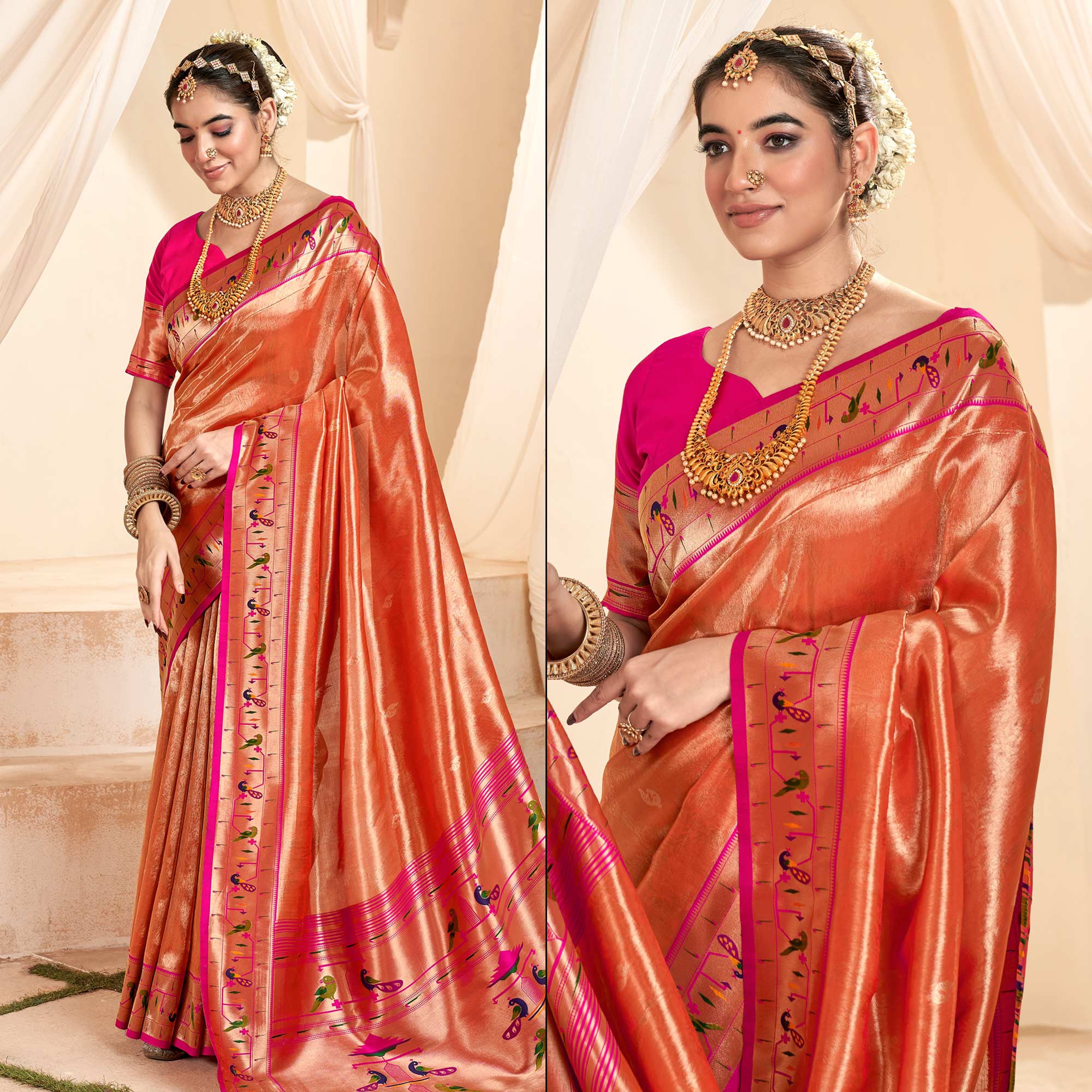 Orange Woven Tissue Paithani Saree With Tassels