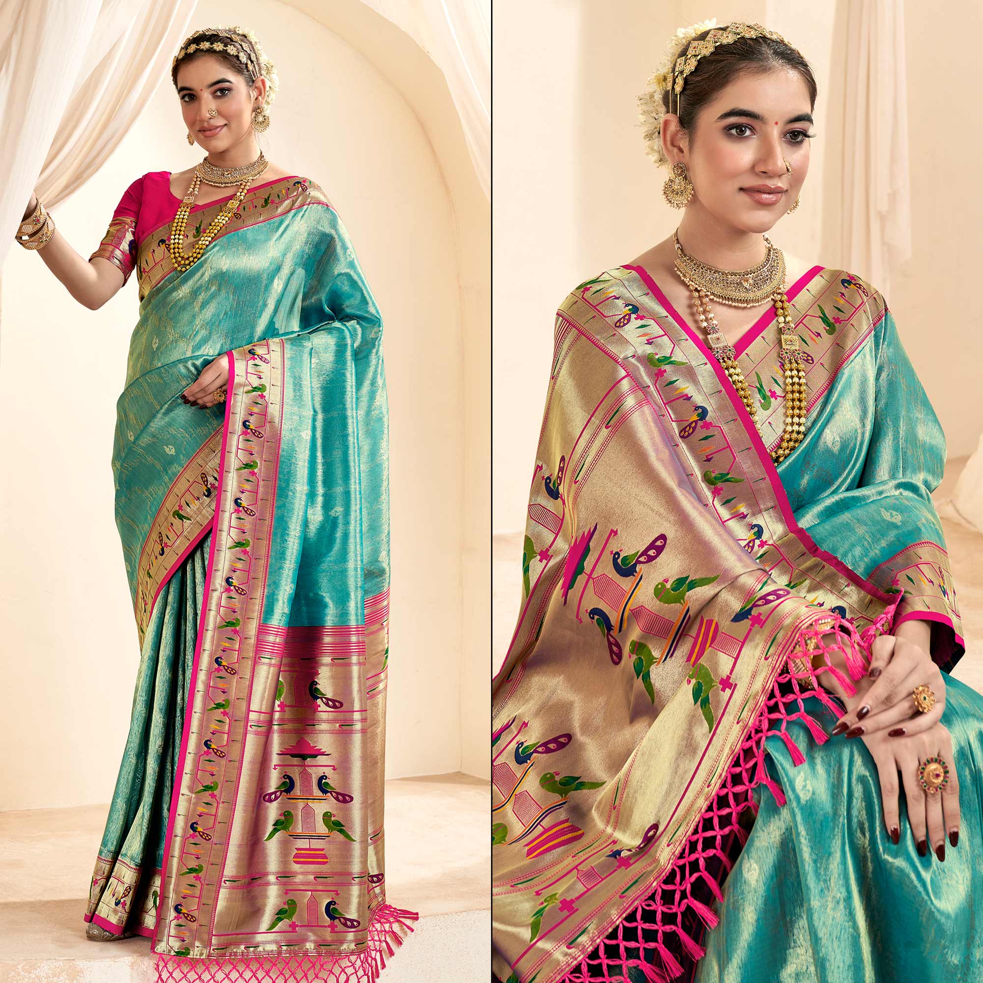 Turquoise Woven Tissue Paithani Saree With Tassels