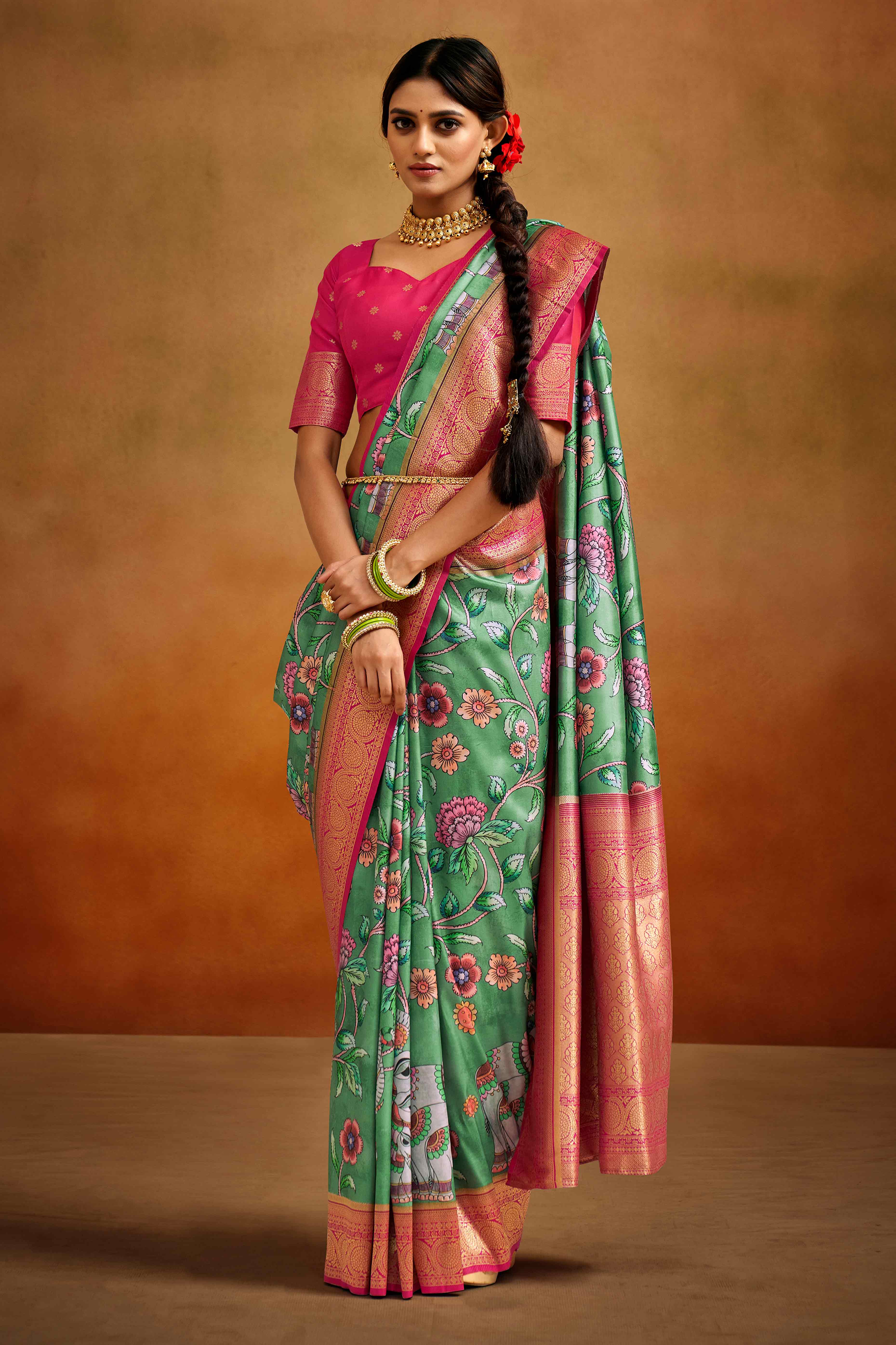 Sea Green Kalamkari Printed Tussar Silk Saree With Banarasi Border