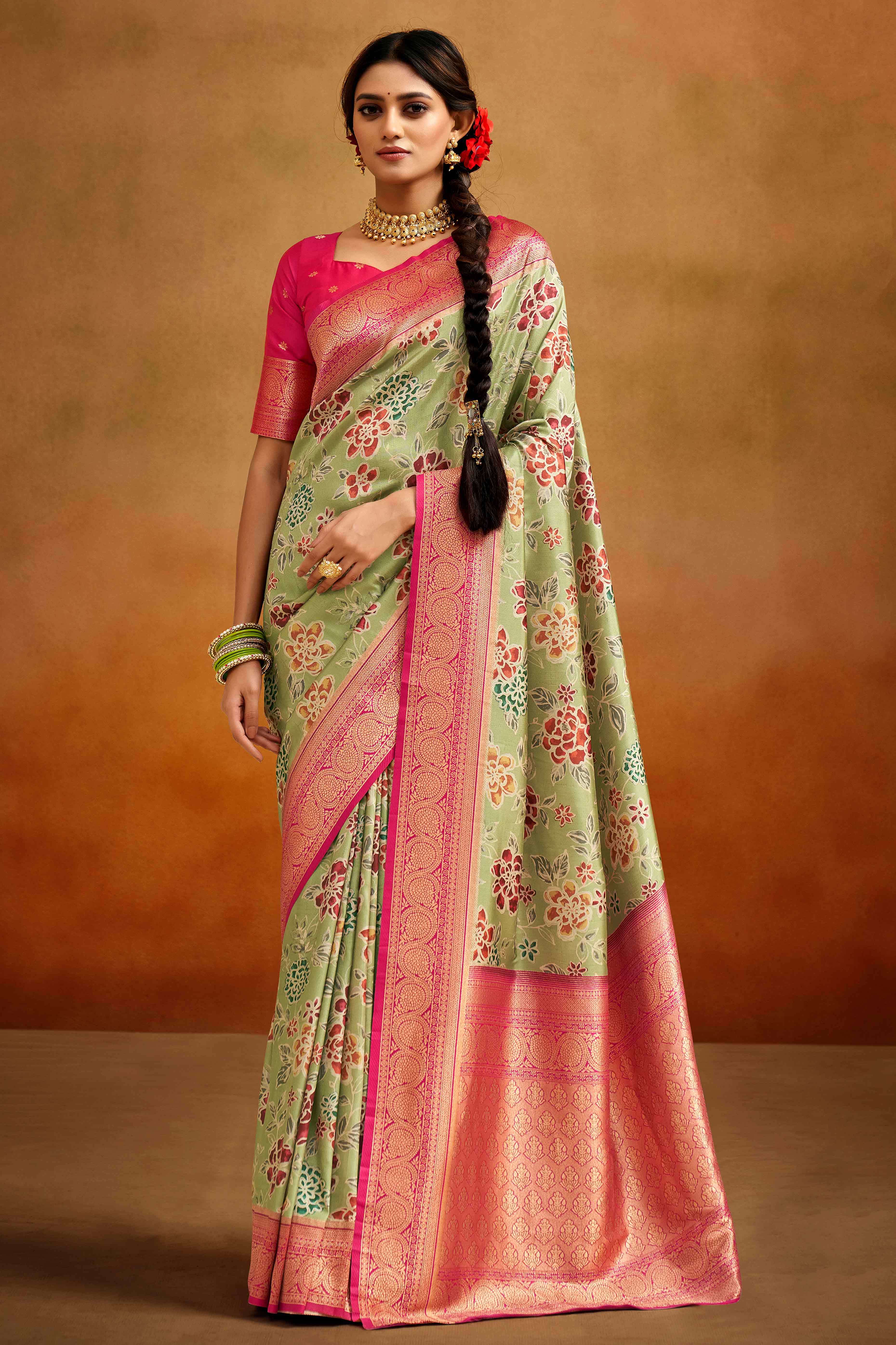 Pista Green Kalamkari Printed Tussar Silk Saree With Banarasi Border