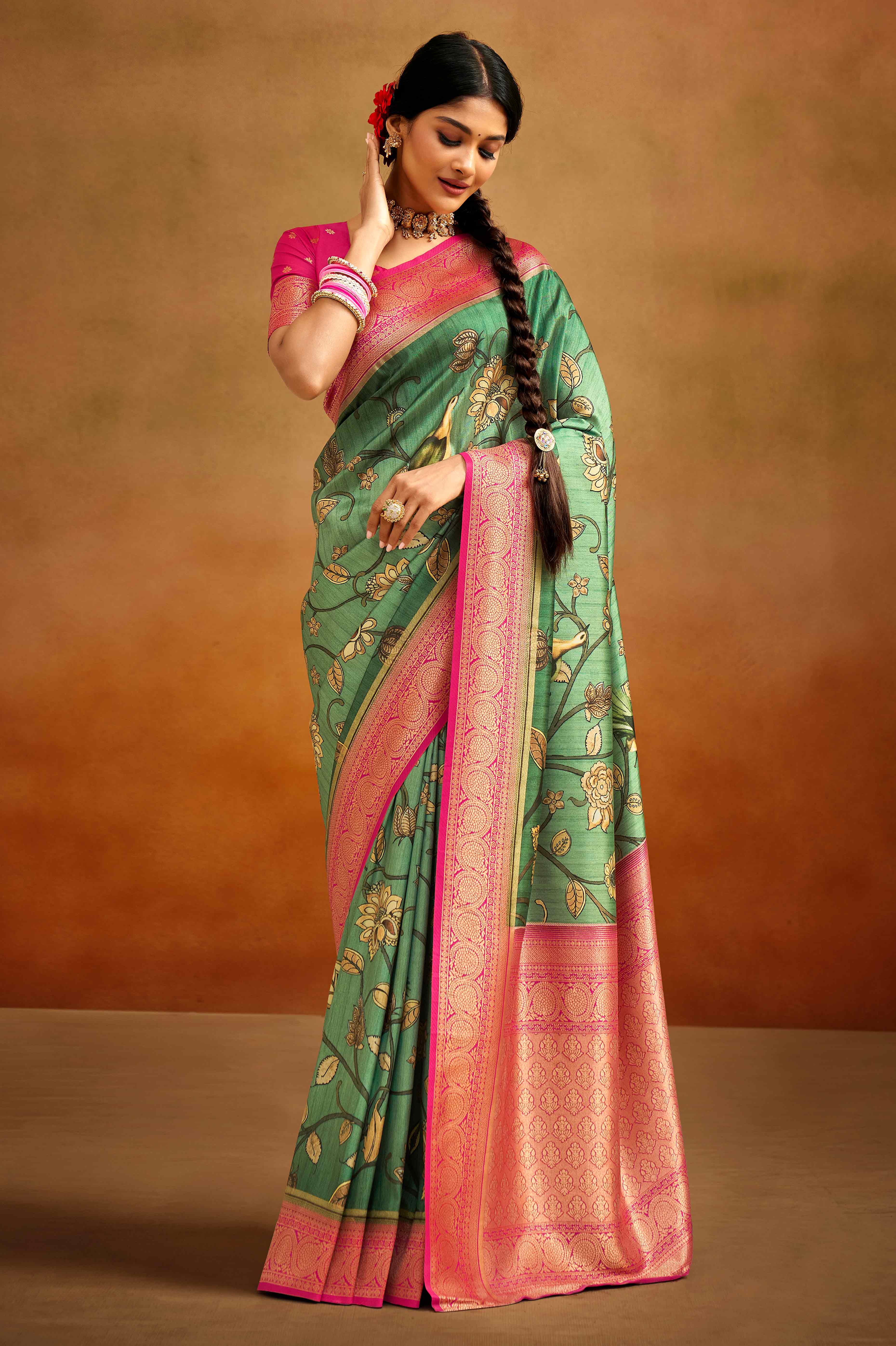 Sea Green Kalamkari Printed Tussar Silk Saree With Banarasi Border