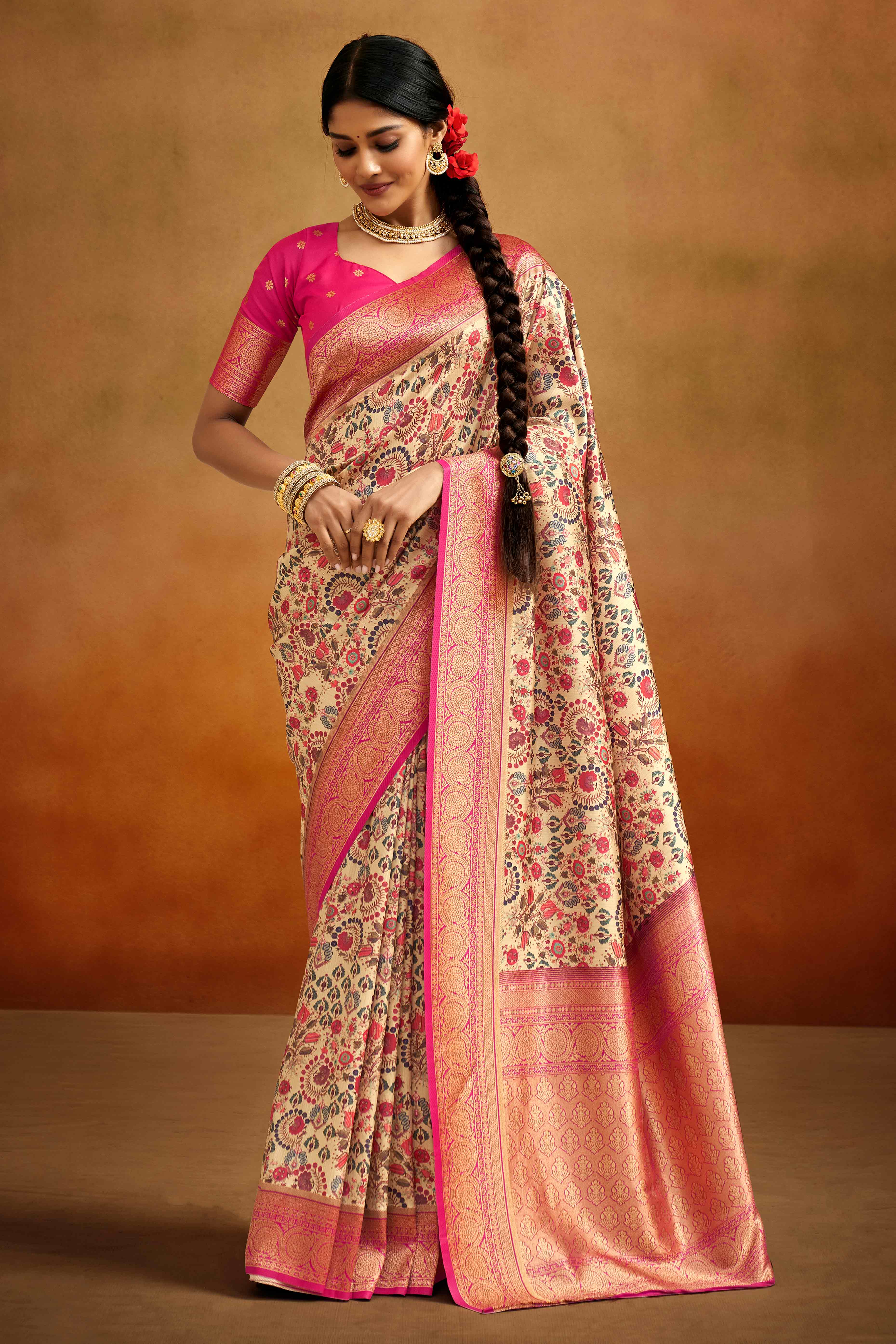 Off White Kalamkari Printed Tussar Silk Saree With Banarasi Border