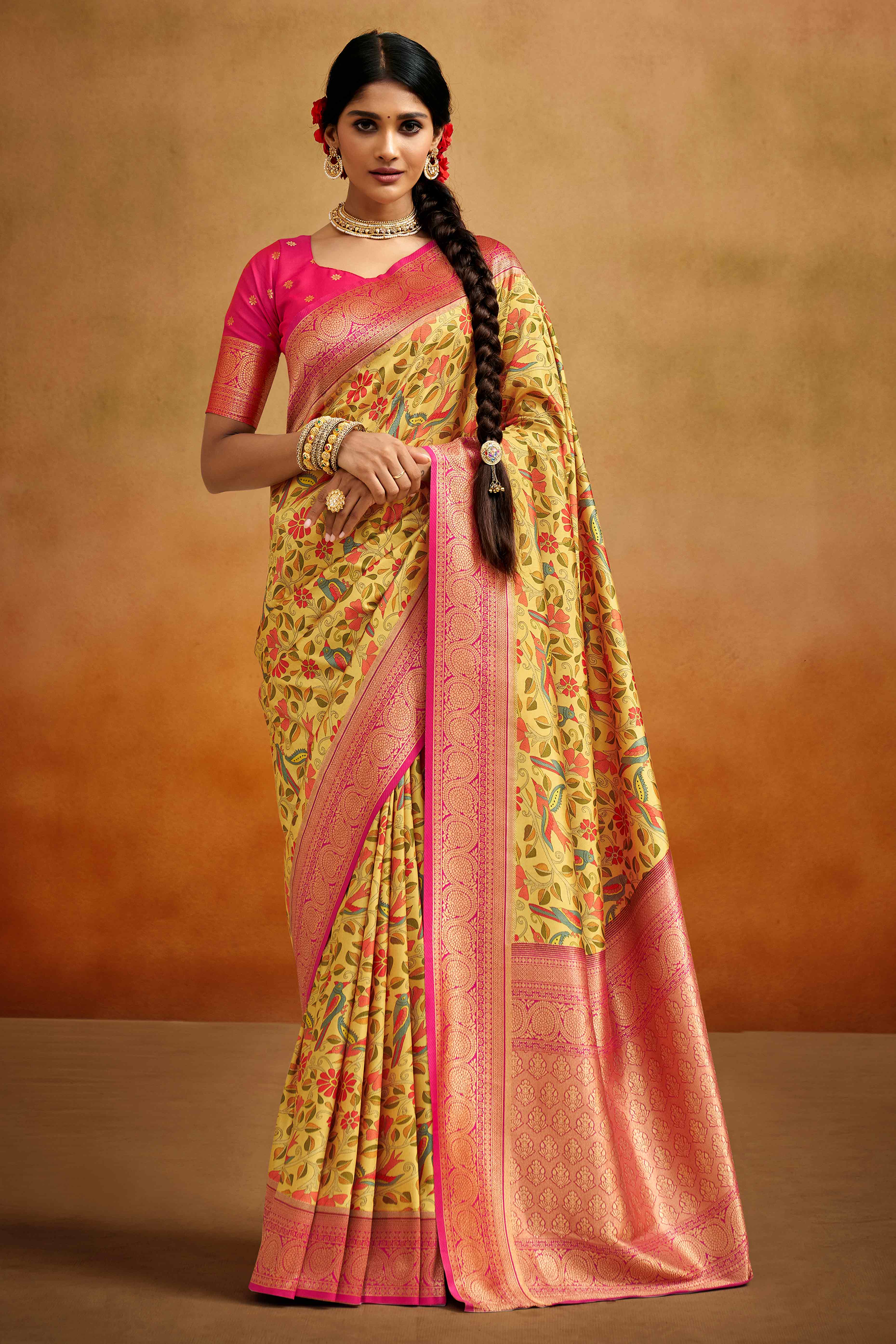 Yellow Kalamkari Printed Tussar Silk Saree With Banarasi Border