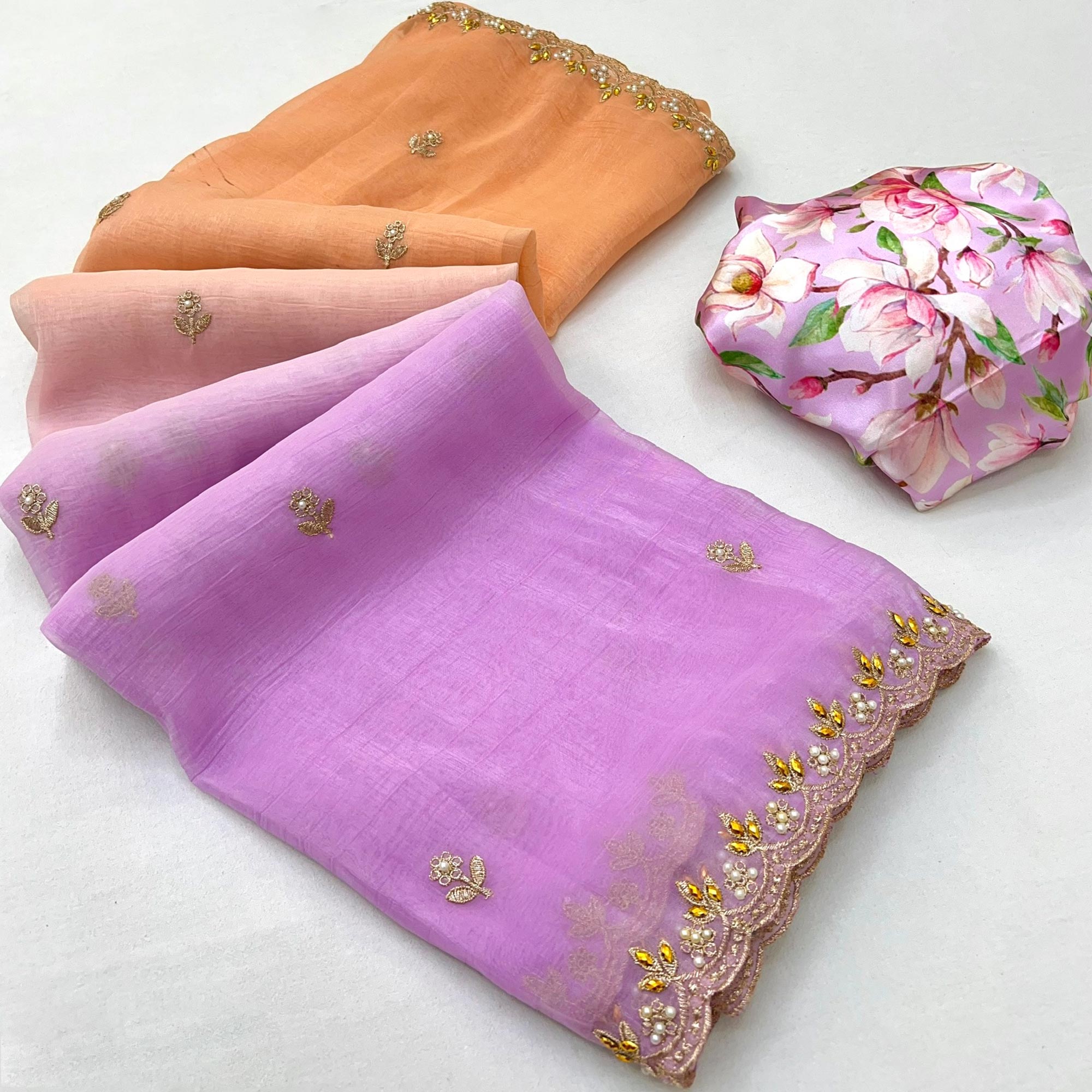 Ombre Orange & Purple Georgette Drape with Embroidered Florals