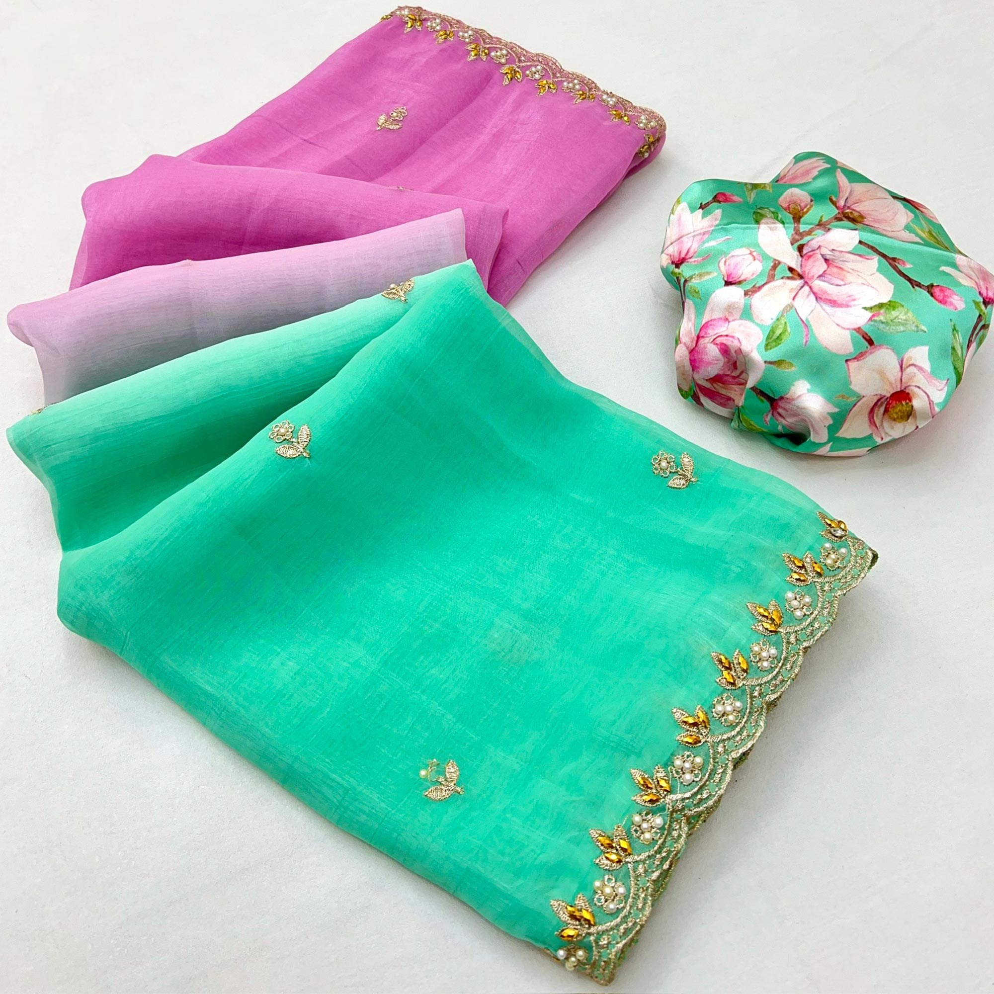 Ombre Pink & Turquoise Georgette Drape with Embroidered Florals
