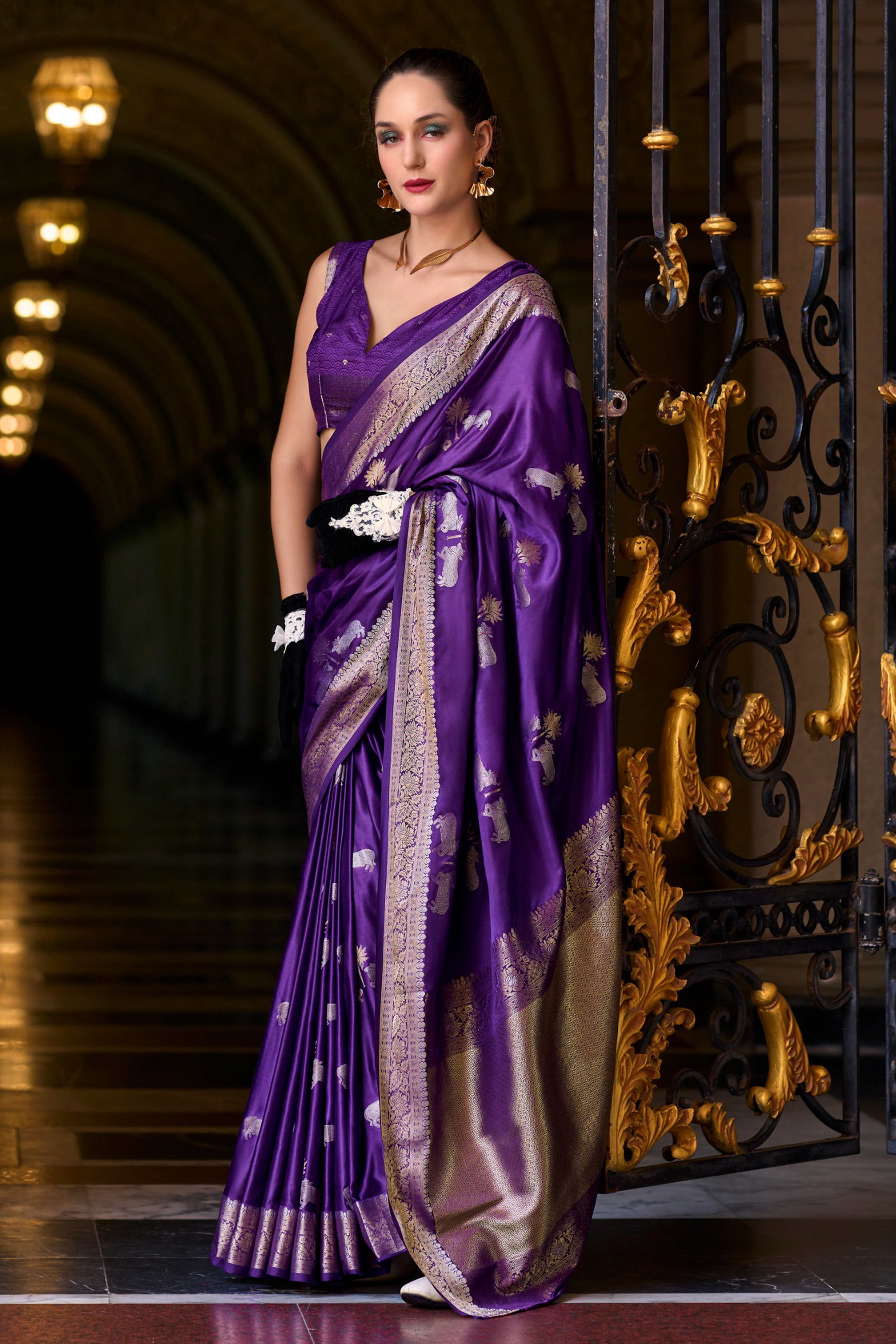 16Dark Purple Satin Saree with Floral Zari Weaving