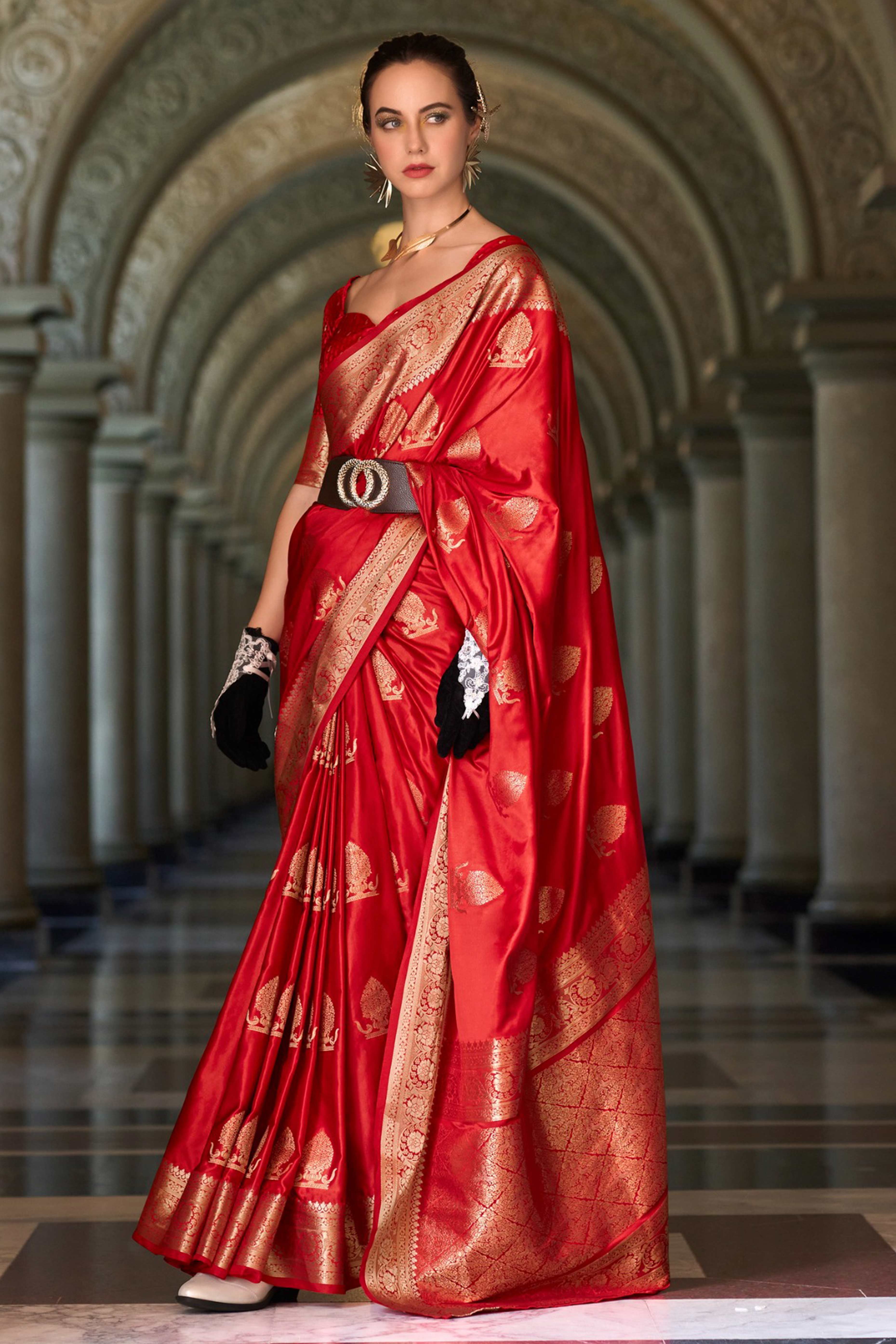 17Red Satin Saree with Floral Zari Weaving