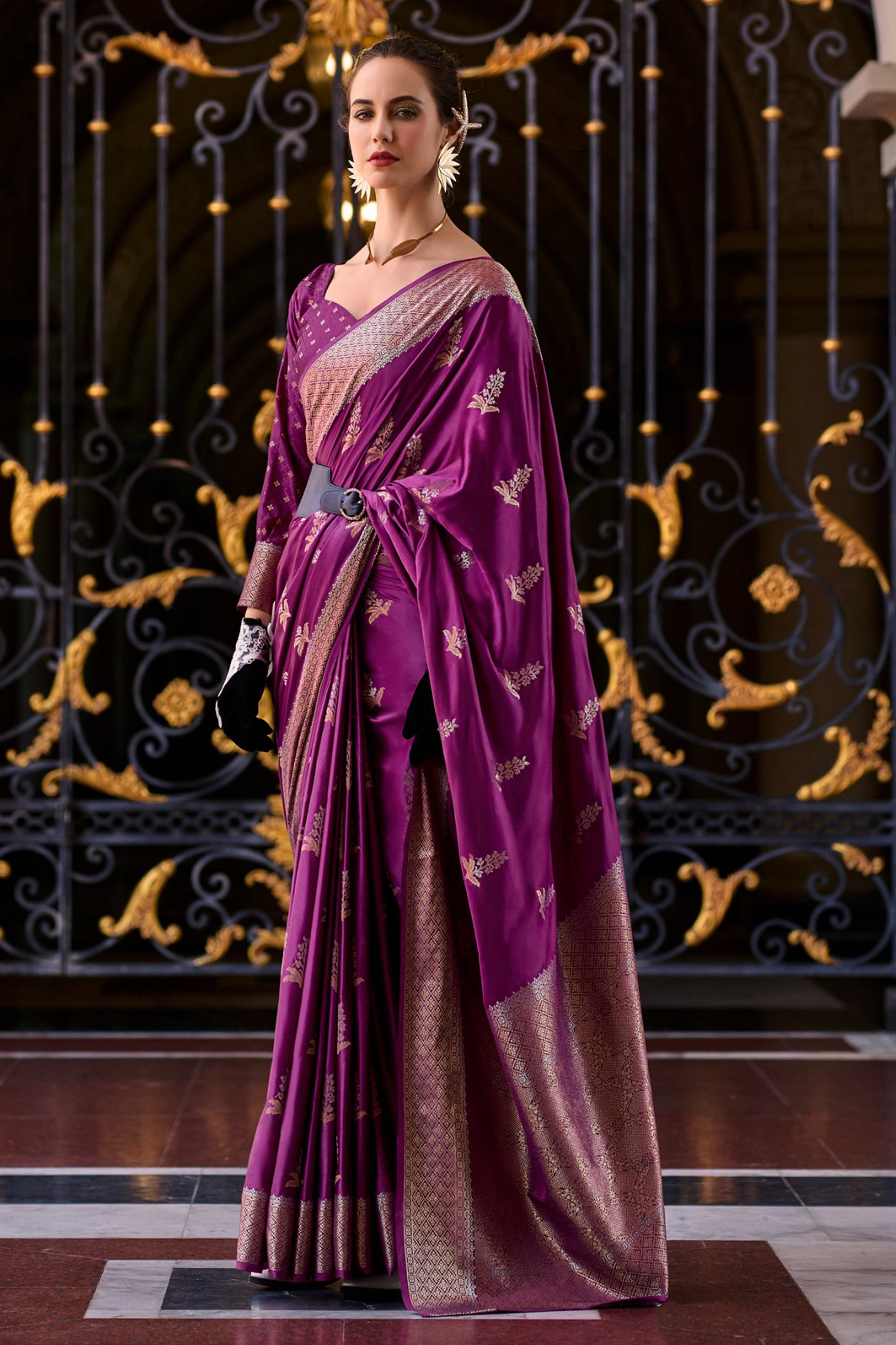 19Purple Satin Saree with Floral Zari Weaving
