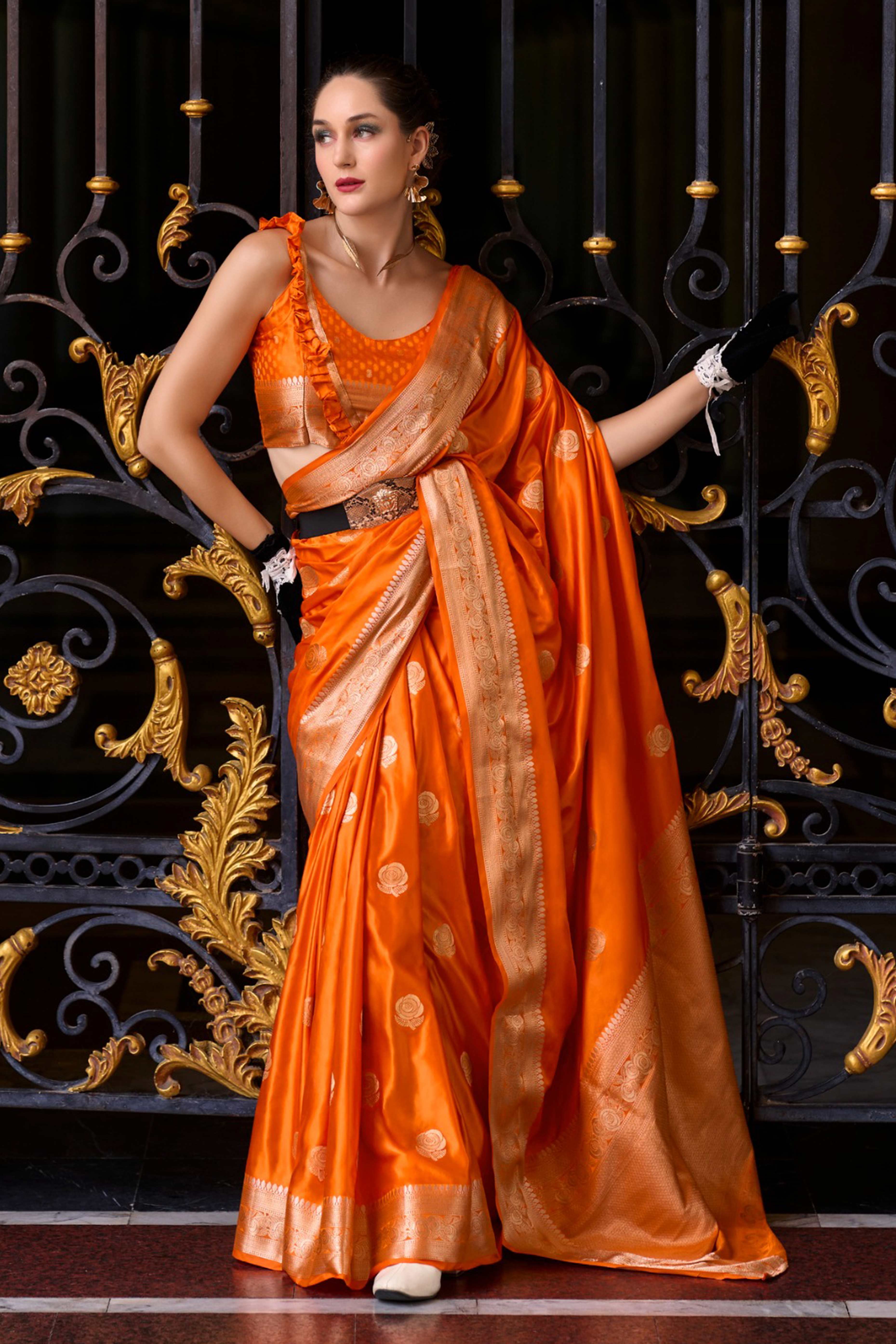 20Orange Satin Saree with Floral Zari Weaving