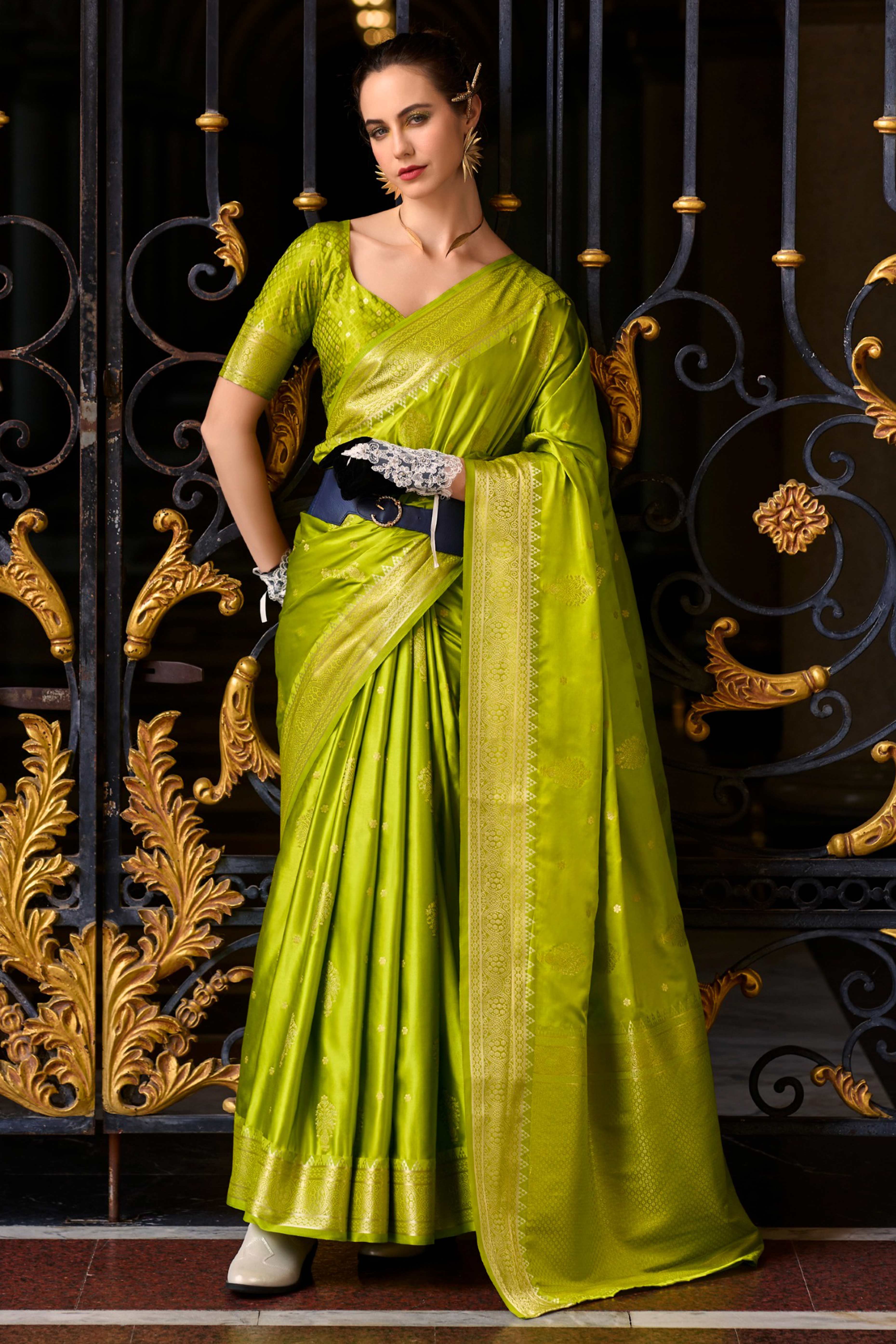 21Green Satin Saree with Floral Zari Weaving