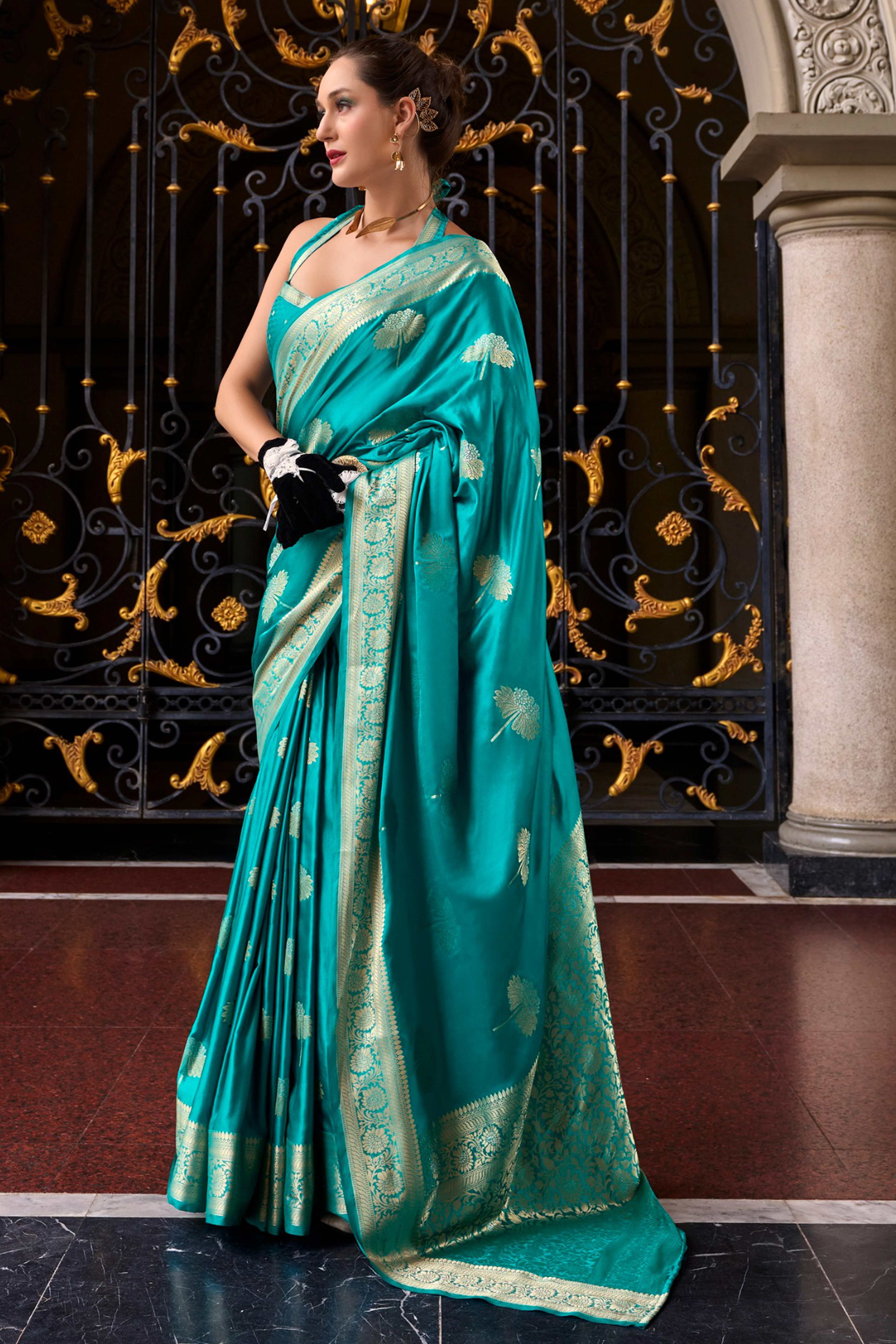 22Rama Blue Satin Saree with Floral Zari Weaving