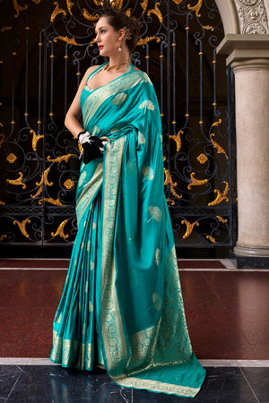 22Rama Blue Satin Saree with Floral Zari Weaving