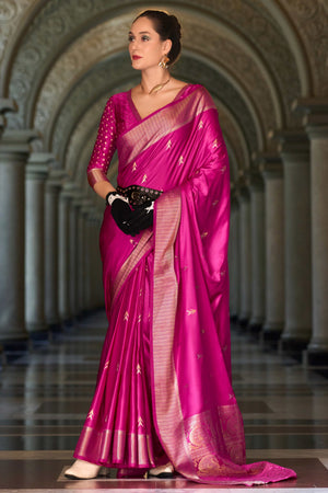 23Pink Satin Saree with Floral Zari Weaving