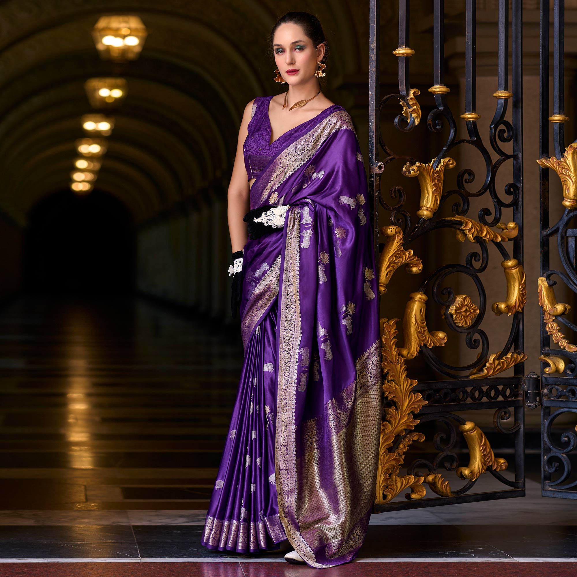 Violet Floral Woven Satin Silk Saree