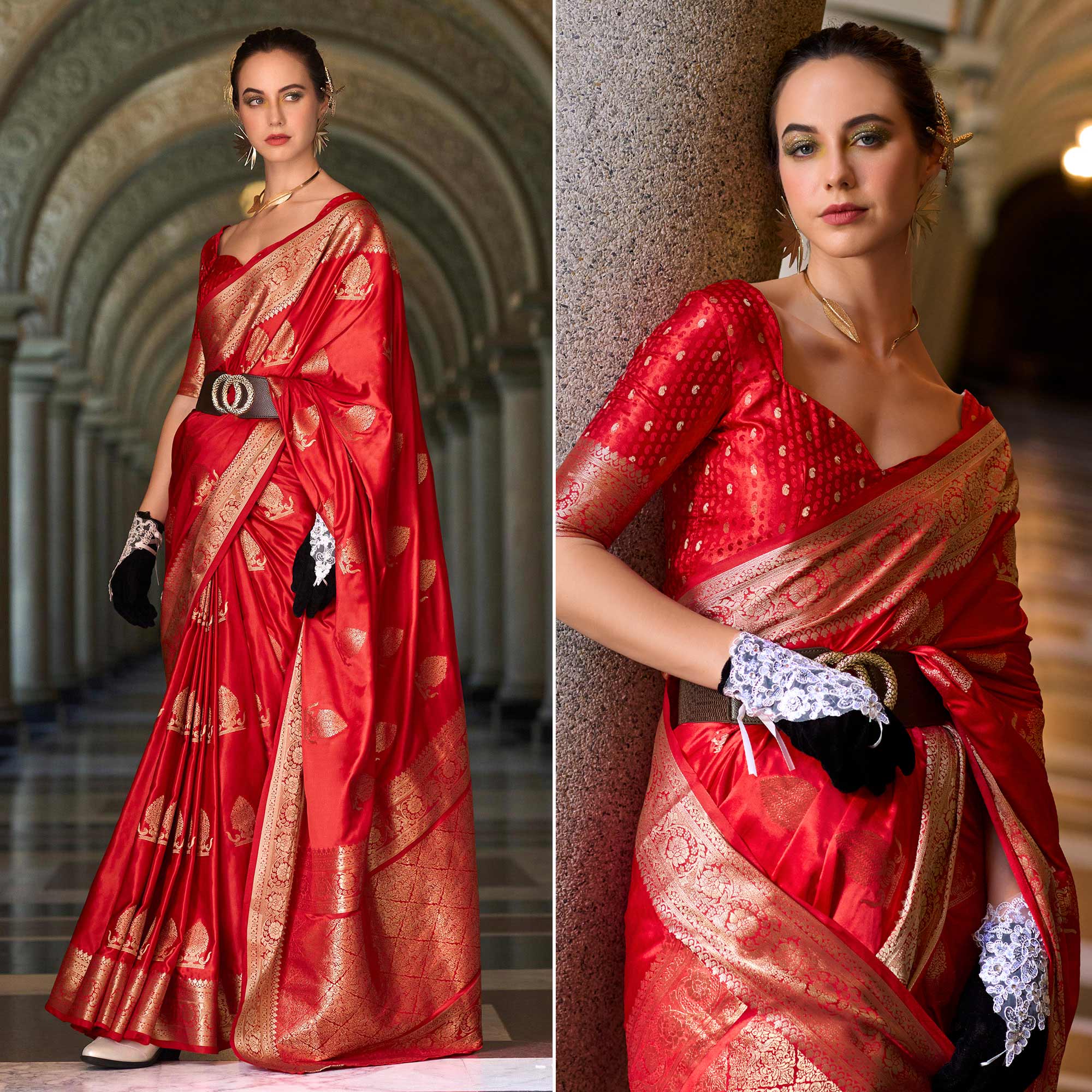 Red Floral Woven Satin Silk Saree