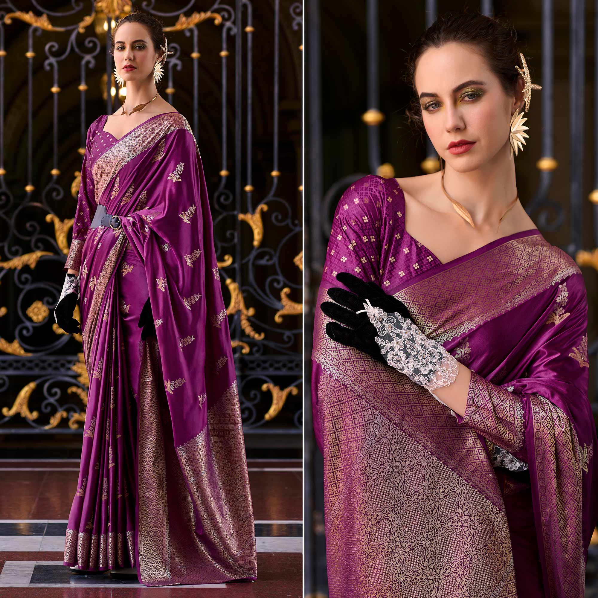 Purple Floral Woven Satin Silk Saree