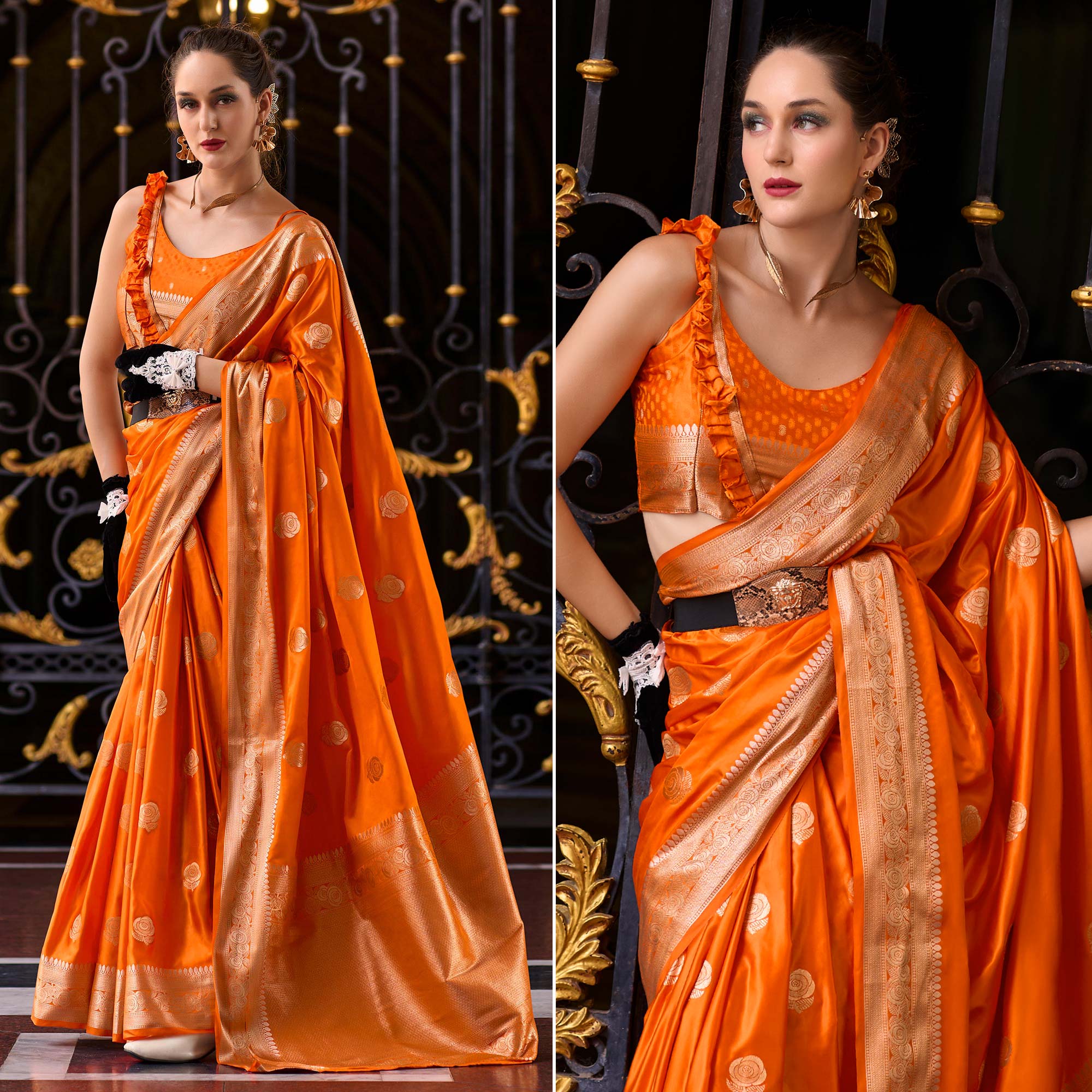 Orange Floral Woven Satin Silk Saree