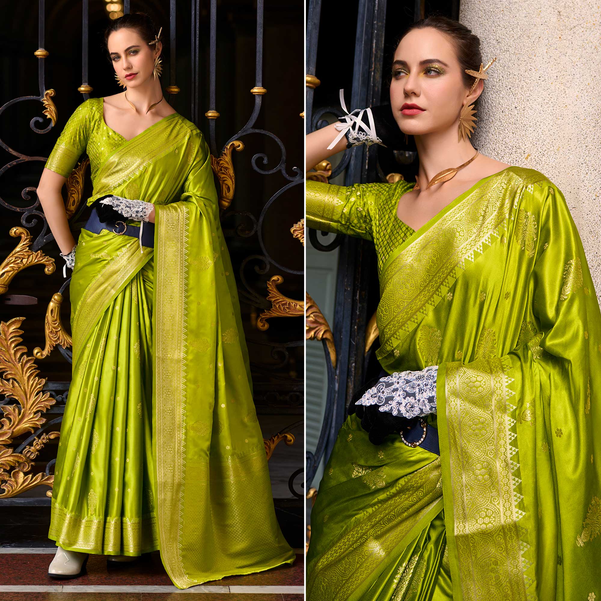 Green Floral Woven Satin Silk Saree